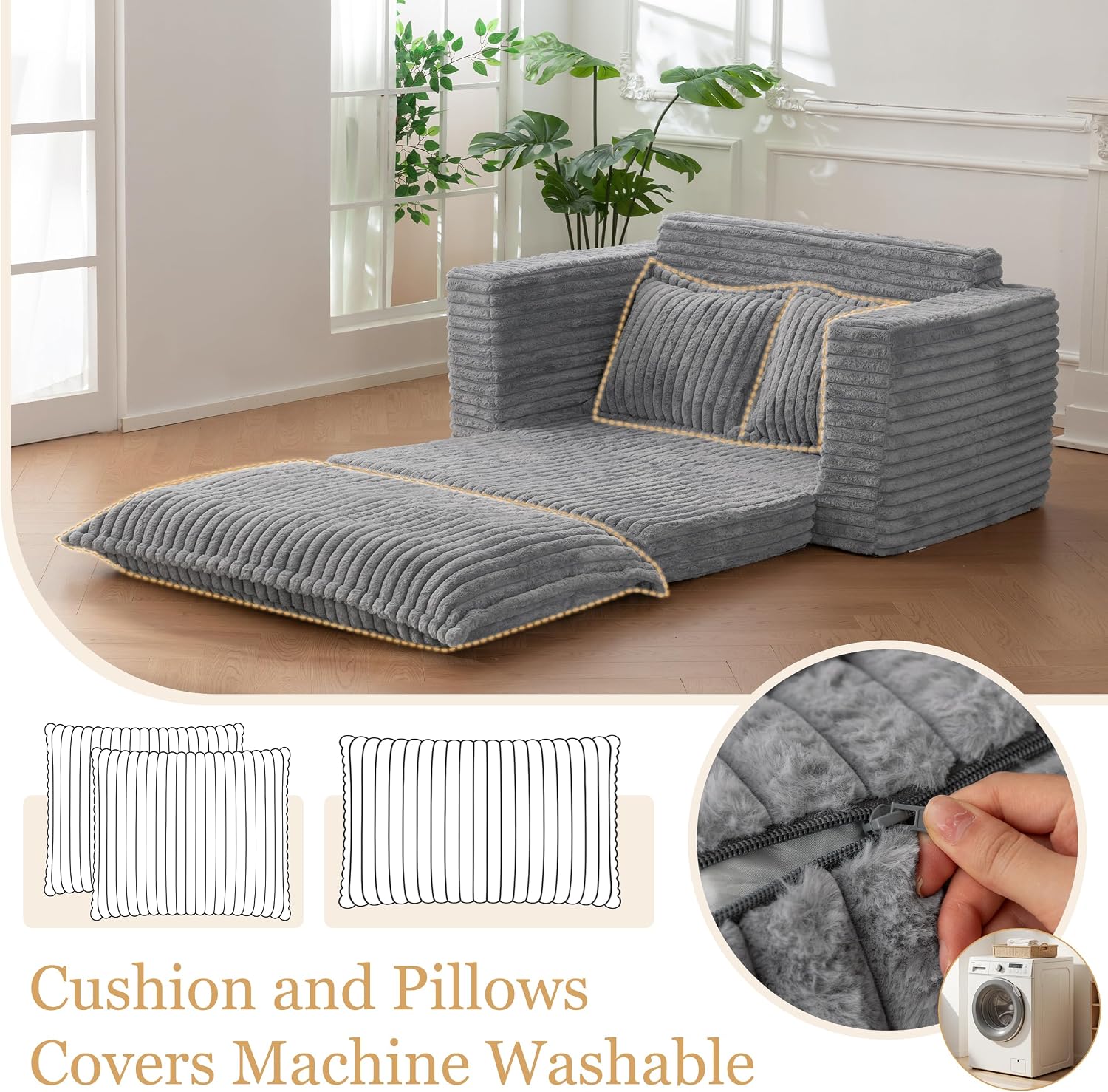 YOSHOOT Loveseat Sleeper Sofa, Convertible Sofa Bed Couch Futon Couches for Living Room, 3-in-1 Pull Out Floor Couch with Cushion and Pillows, Dark Grey