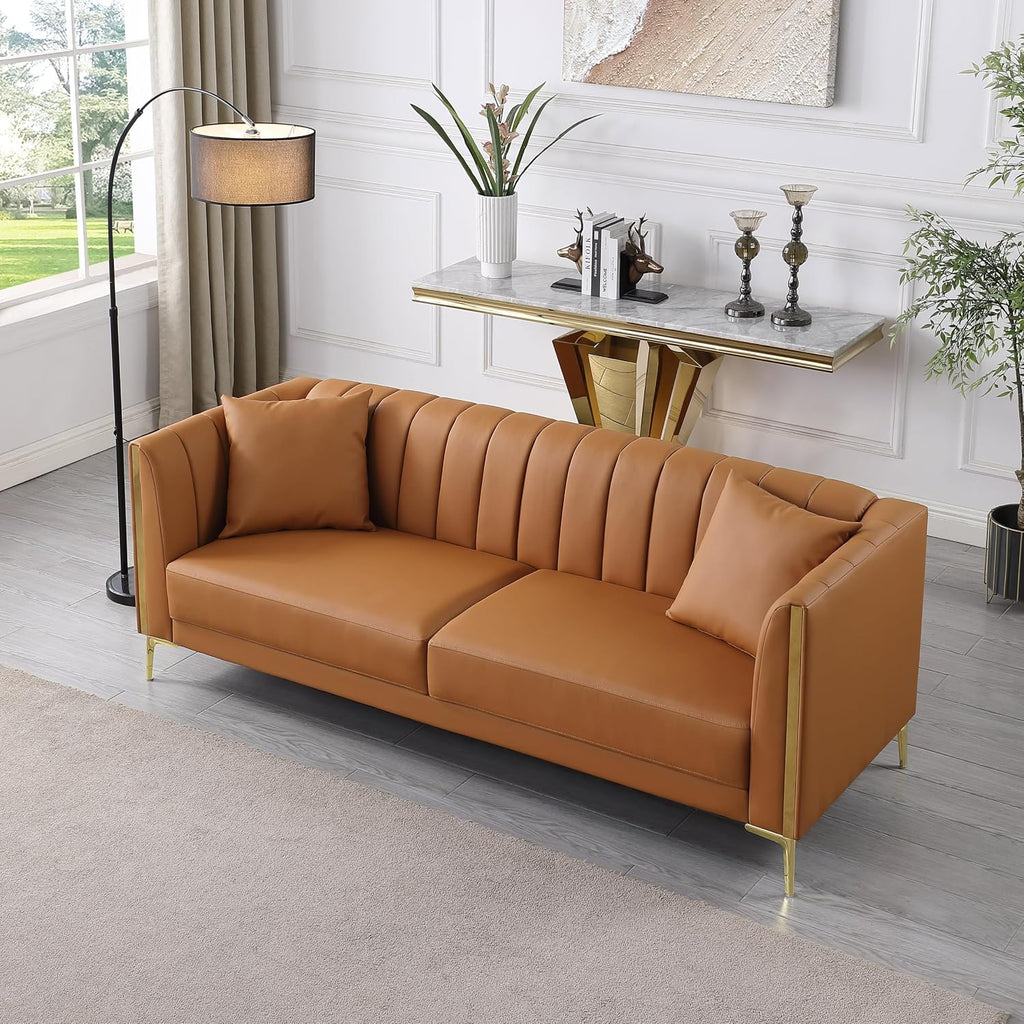 FOTOSOK Leather Couch Sofa, Office Couches 78'' Apartment Faux Leather Sofa with 2 Throw Pillows & Gold Metal Legs, Waterproof 3 Seater Couches for Small Living Room, Affordable Luxury Design