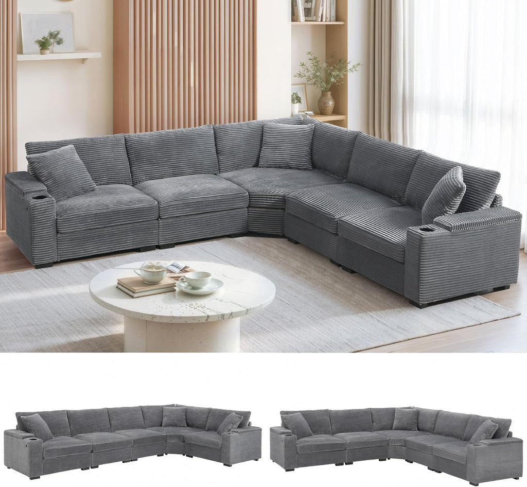 Merax 106' Corduroy Sectional Corner Sofa with Cup Holders & USB Charger, 5 Seat Convertible L Shaped Couch Set with Armrest Storage, Oversized Comfy Modular Sofabed for Living Room & Apartment, Gray