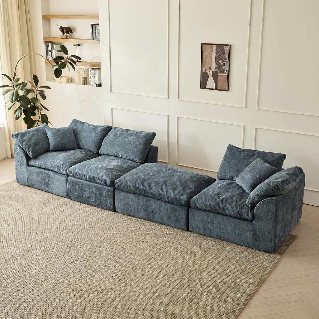 109' Modern Cloud Couches for Living Room, Deep Seat Convertible L-Shape Boneless Couch with Ottoman, Oversized Comfy 3-Seater Couch Chenille Fabric Compressed Sofa Modular Sectional Sofa, (Blue)