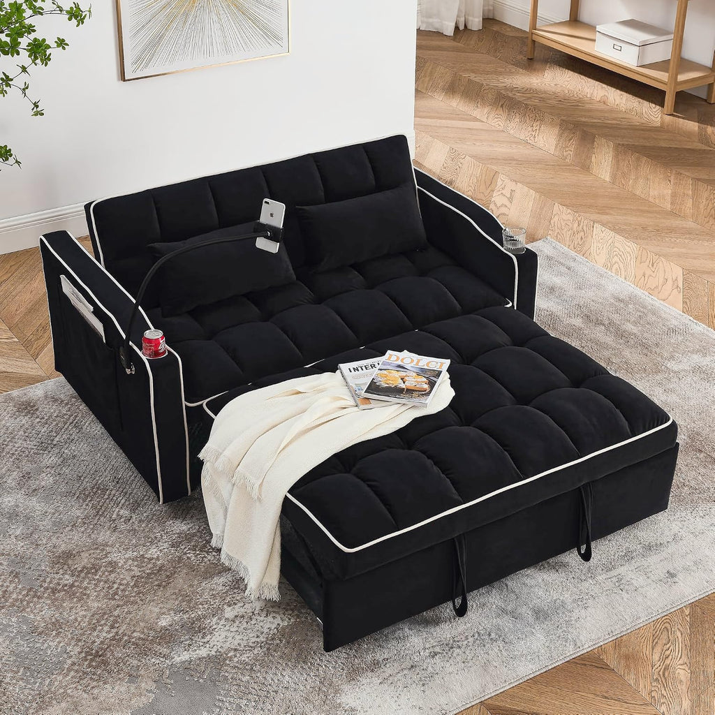 LUMISOL 55.5' Convertible Sleeper Sofa with Pull Out Bed, 3-in-1 Loveseat Sofa with USB Ports, 2 Cup Holders & Storage Pockets, Velvet Sleeper Sofa Bed with Adjustable Backrest, Black