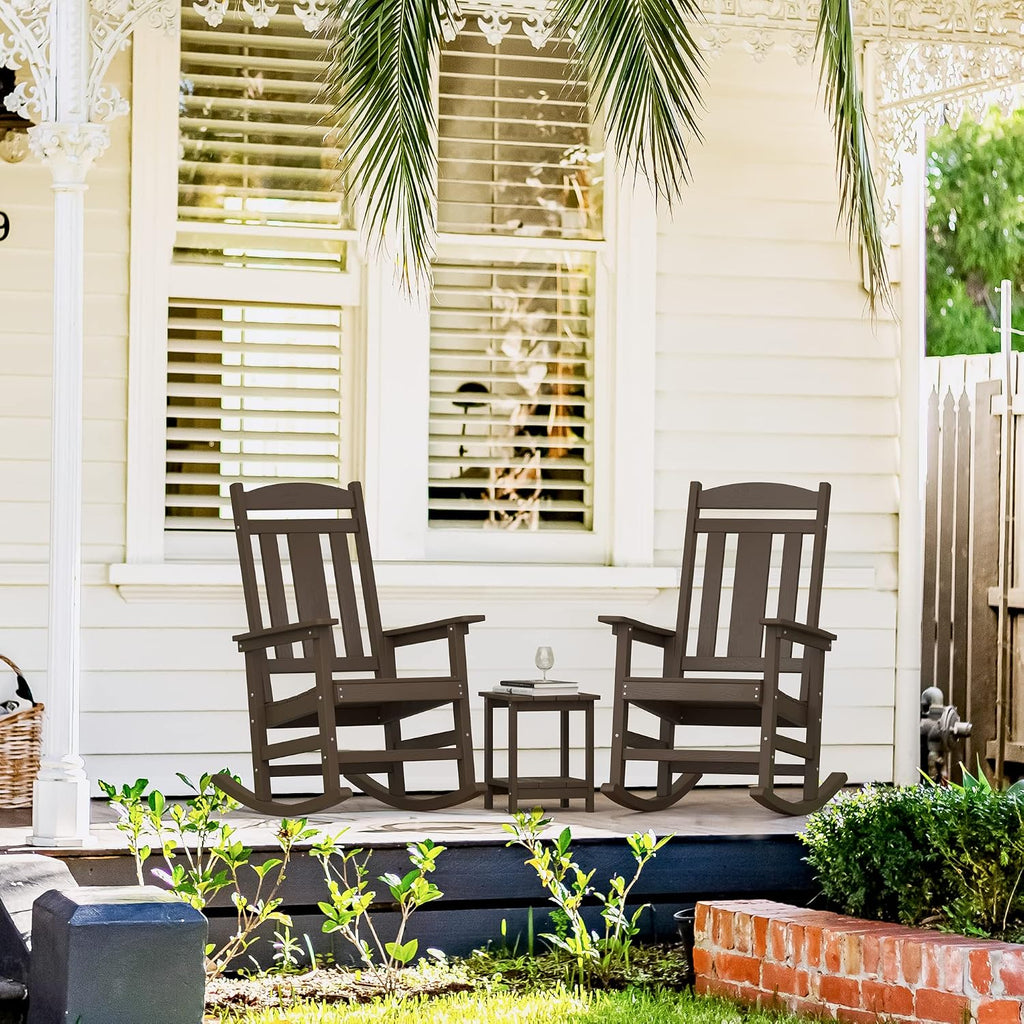 LUE BONA Outdoor Rocking Chairs Set of 4, Weather Resistant HDPS Poly Rocker Chairs, 350lb Heavy Duty, Oversized Porch Rocker for Adult, High Back Smooth Rocking for Outdoor & Indoor, Brown
