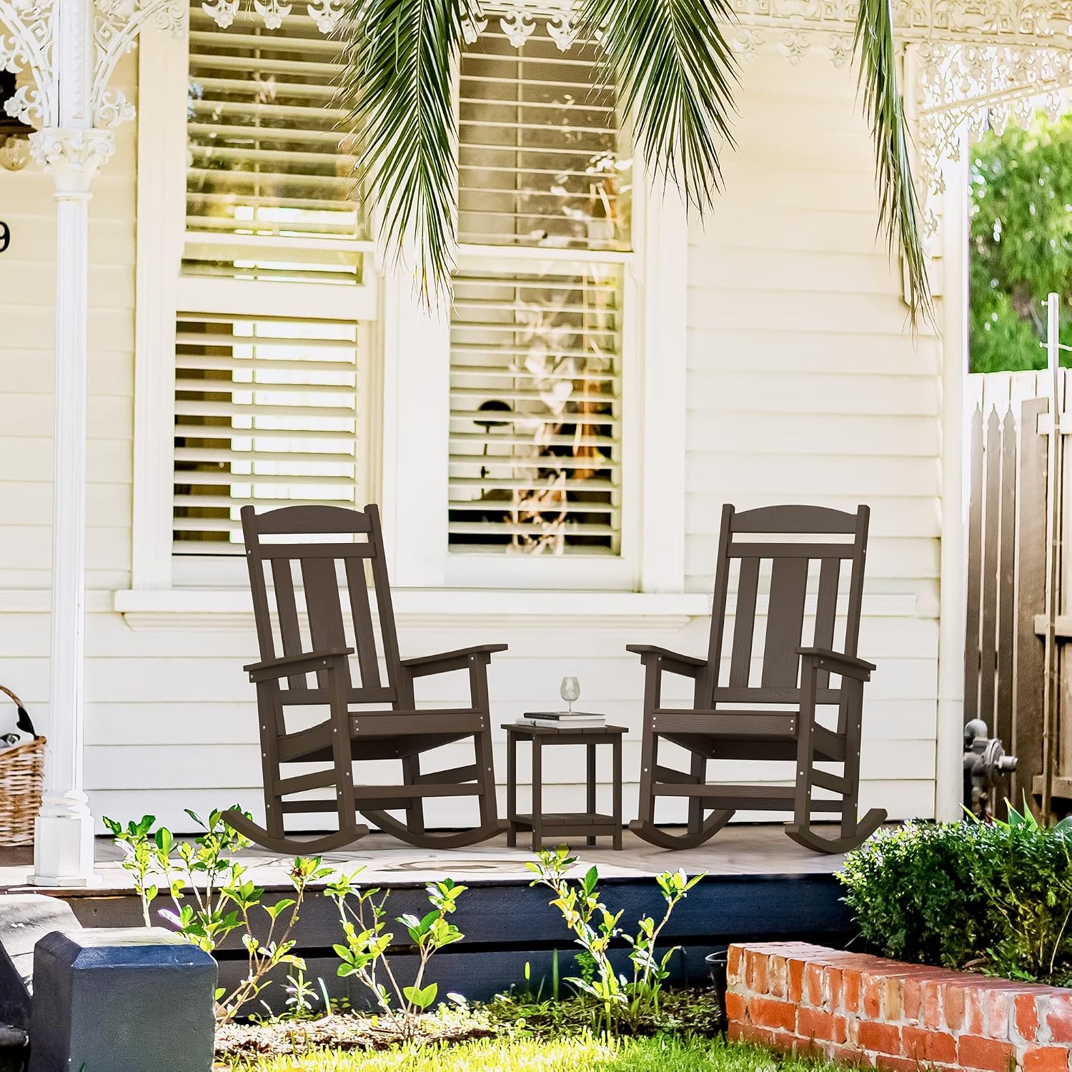 LUE BONA Outdoor Rocking Chairs Set of 4, Weather Resistant HDPS Poly Rocker Chairs, 350lb Heavy Duty, Oversized Porch Rocker for Adult, High Back Smooth Rocking for Outdoor & Indoor, Brown