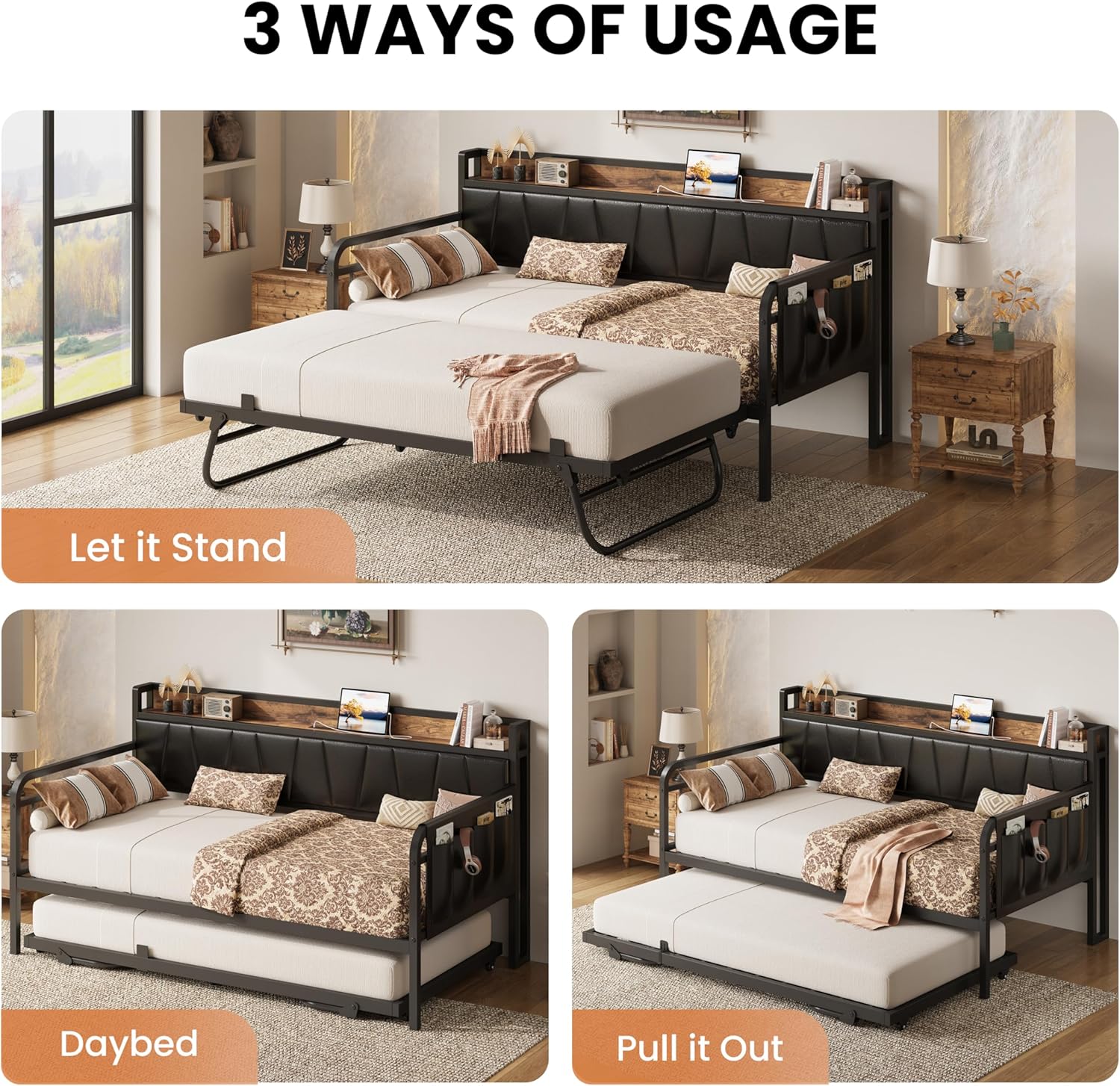 LIKIMIO Twin Daybed, Day Bed with Trundle, Storage Upholstered Headboard and Charging Station, Trundle Bed with Strong Supports for Living Room, Bedroom, and Guest Room, Black