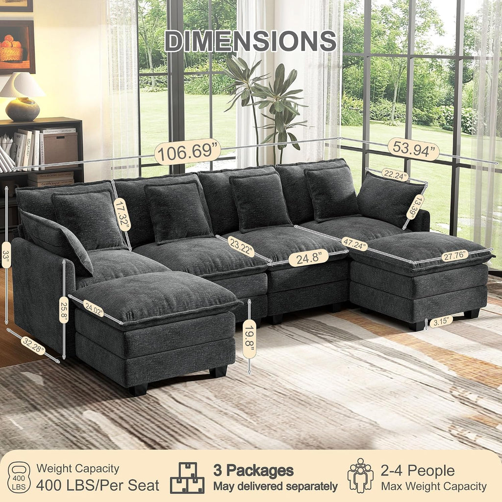 107' Cloud Couch Sectional, U Shaped Modular Sectional Sofa, 4-Seat Deep Seat Couch with 6 Removable Washable Pillows and 2 Ottoman for Living Room, Bedroom, Apartment, Black Grey
