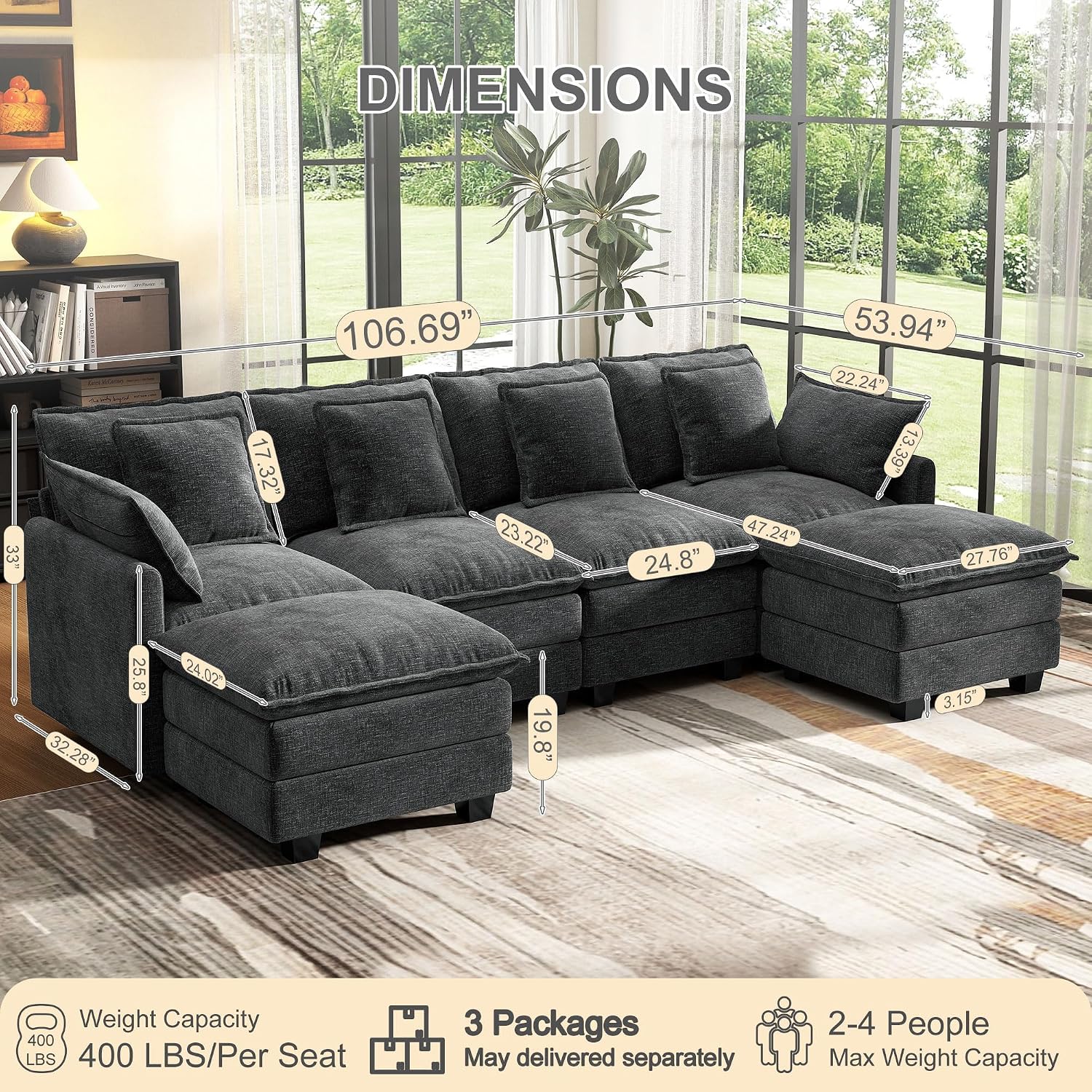 107' Cloud Couch Sectional, U Shaped Modular Sectional Sofa, 4-Seat Deep Seat Couch with 6 Removable Washable Pillows and 2 Ottoman for Living Room, Bedroom, Apartment, Black Grey