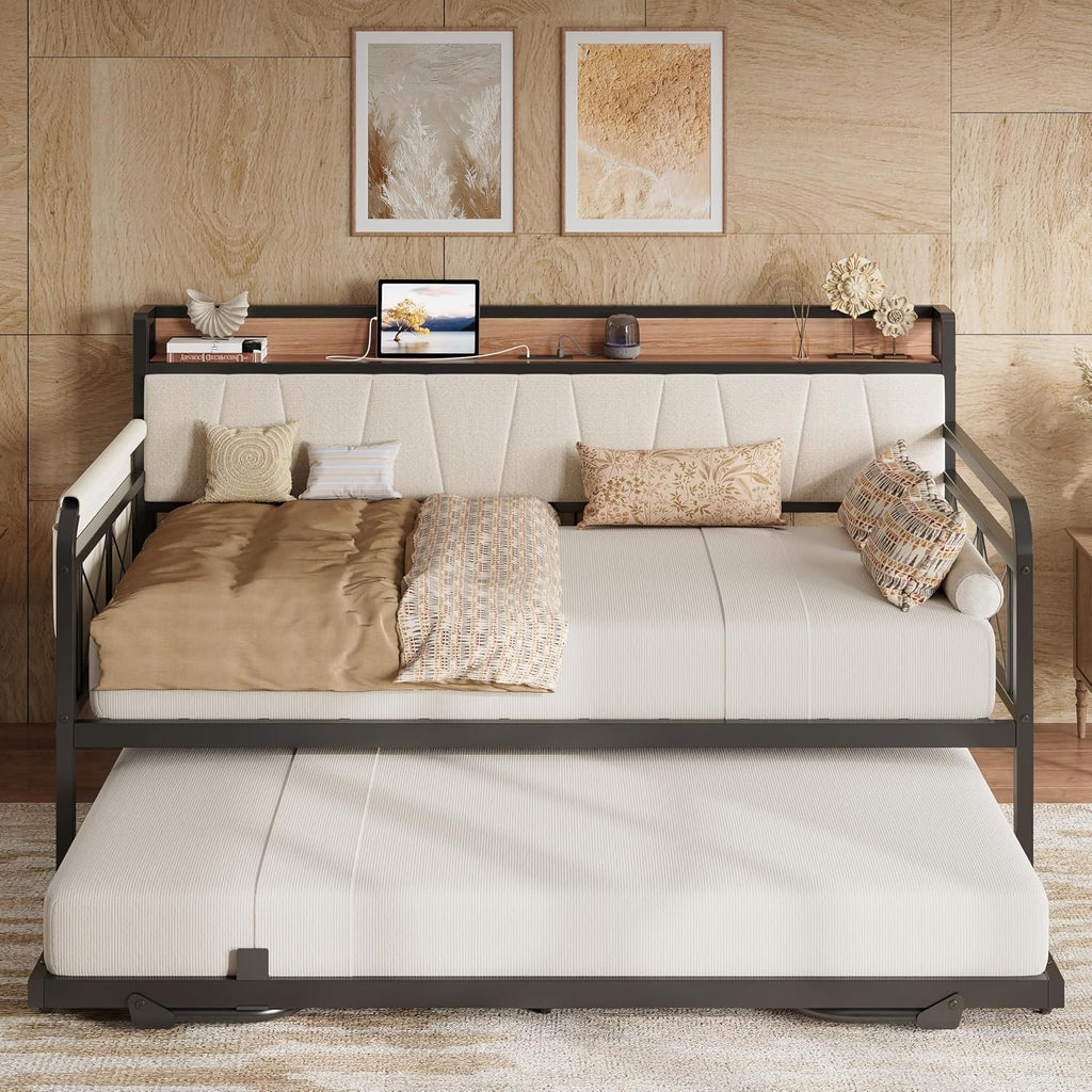 LIKIMIO Twin Daybed, Day Bed with Trundle, Storage Upholstered Headboard and Charging Station, Trundle Bed with Strong Supports for Living Room, Bedroom, and Guest Room, Beige
