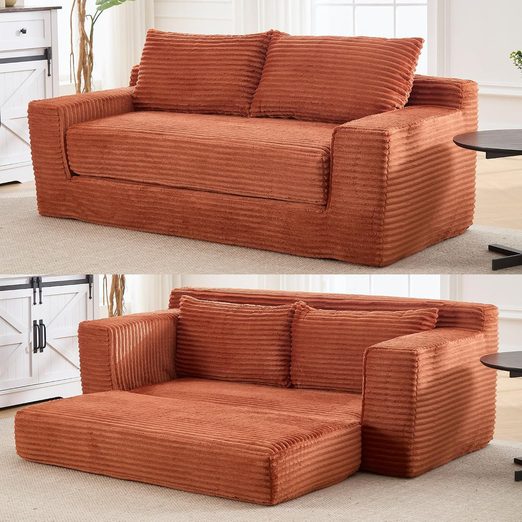 GNIXUU Corduroy Cloud Loveseat Sofa, 2 in 1 Convertible Sleeper Sofa with Fixed-Shape Frame, Comfy Folding Boneless Love Seat Couches for Living Room, Apartment, Small Spaces. Orange