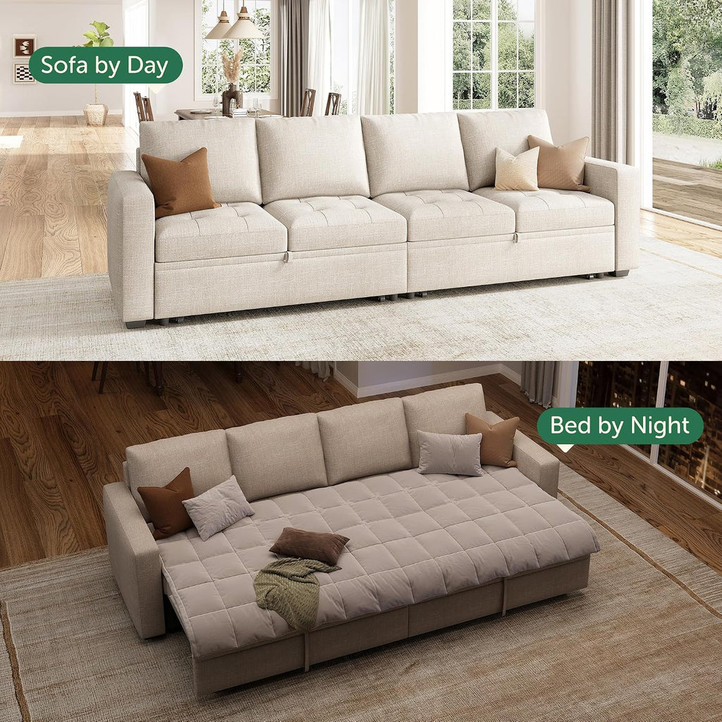 HONBAY Modular Sectional Sleeper Sofa with Pull Out Bed, Linen Convertible Sectional Couches for Living Room,Beige