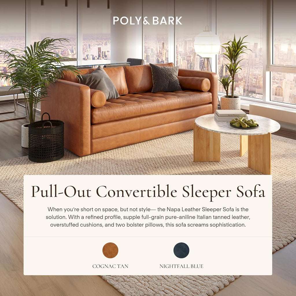 POLY & BARK Napa 82' Leather Pull‑Out Sleeper Sofa – Full‑Grain Italian Leather Upholstery,Tri‑Layer Mattress & Storage Console –Sophisticated Multi‑Functional Sofa Bed for Living Rooms & Guest Spaces