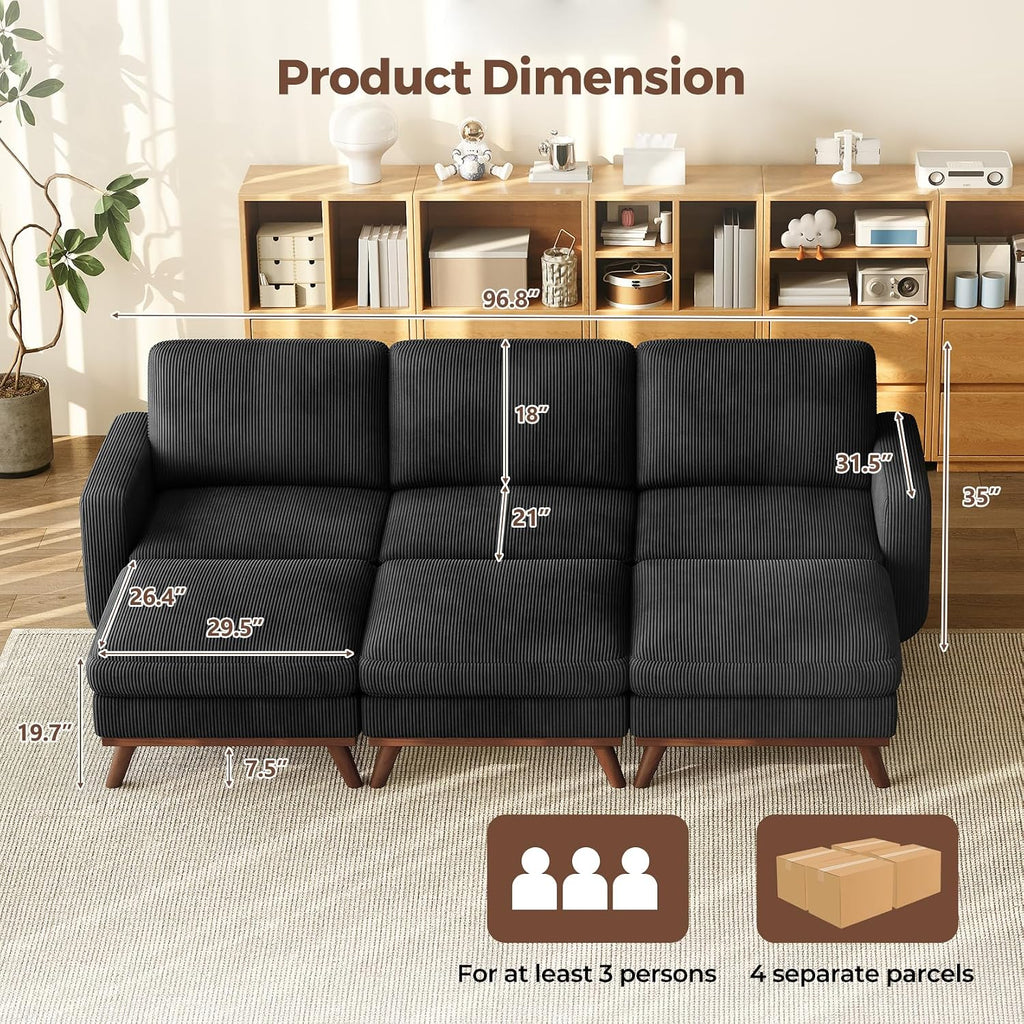 Vesgantti 97' Modular Sectional Sofa Black, Sectional Couch with Movable Ottoman, Comfy Corduroy Couch with Spring Cushion, Modular Sofa with Deep Seat for Living Room, Bedroom and Apartment