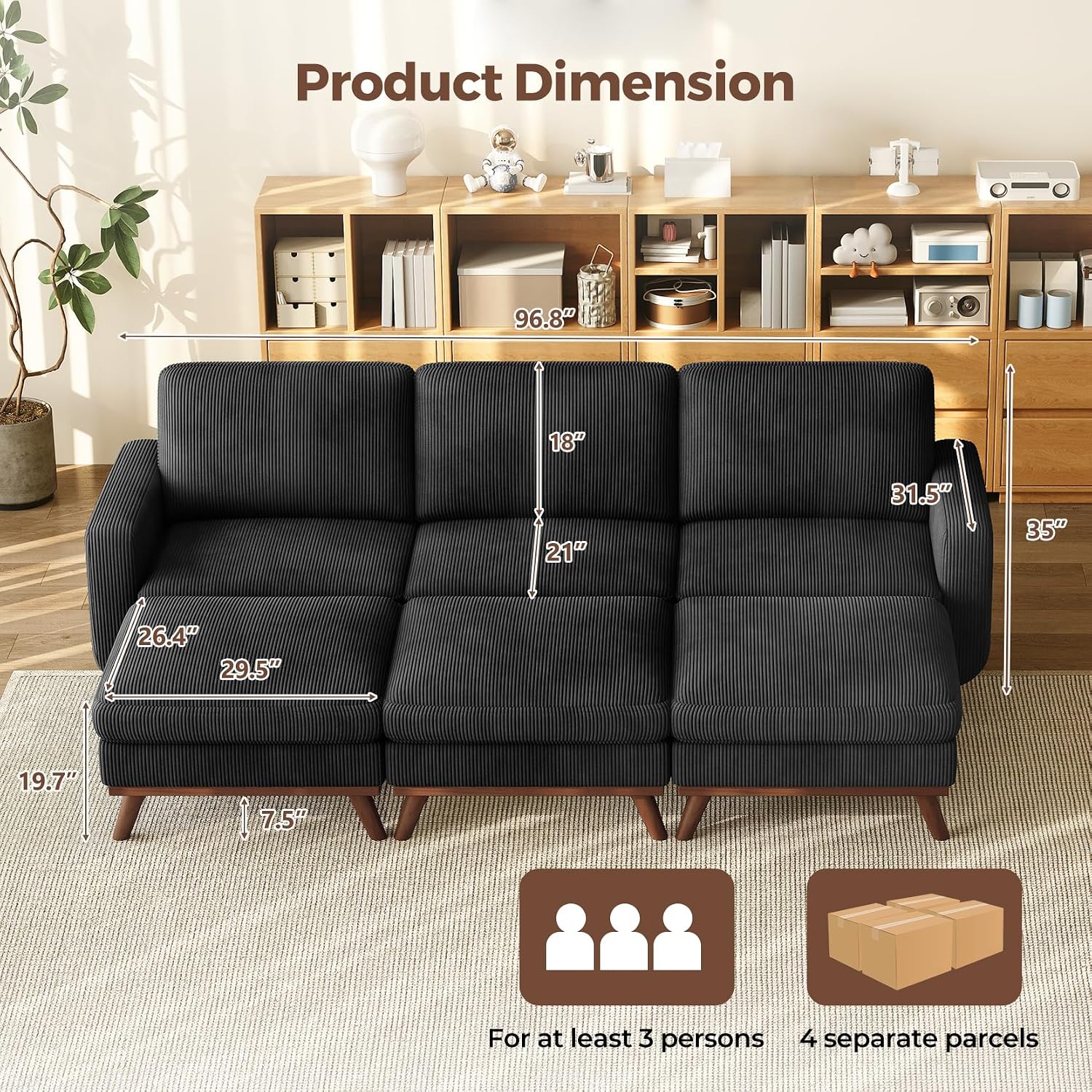 Vesgantti 97' Modular Sectional Sofa Black, Sectional Couch with Movable Ottoman, Comfy Corduroy Couch with Spring Cushion, Modular Sofa with Deep Seat for Living Room, Bedroom and Apartment