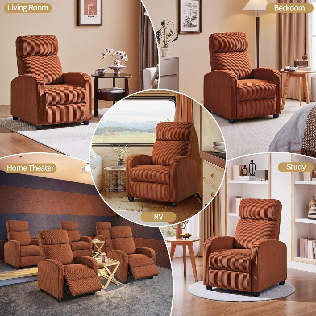 Yaheetech Corduroy Recliner Chair Single Sofa Home Theater Seating Adjustable Modern Reclining Chair for Living Room Bedroom Home Theater Brick Red
