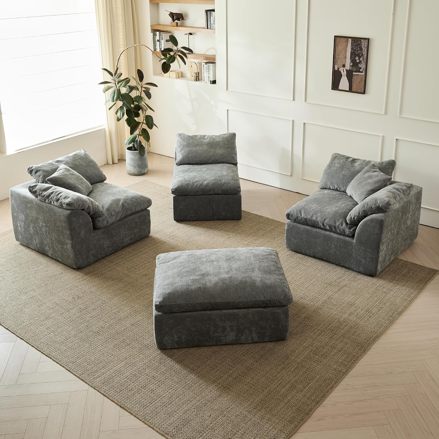 109' Modern Cloud Couches for Living Room, Deep Seat Convertible L-Shape Boneless Couch, Oversized Comfy 3-Seater Couch Chenille Fabric Compression Sofa Bed Modular Sectional Sofa,(Dark Grey)
