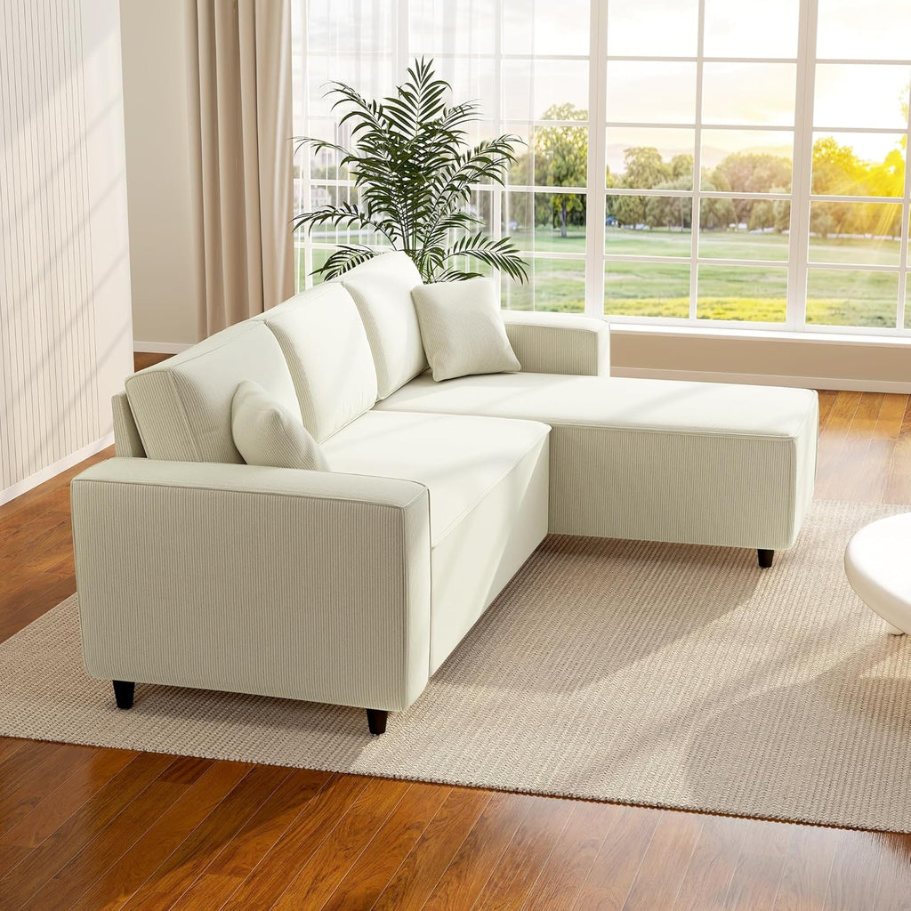 HOMCOM 95' Sectional Sofa with Reversible Chaise Lounge, L-Shaped Corner Sofa with Corduroy Fabric, Pocket Spring, 2 Pillows, Wide Arm, Thick Padded, 3 Seat Couch for Living Room, Cream White