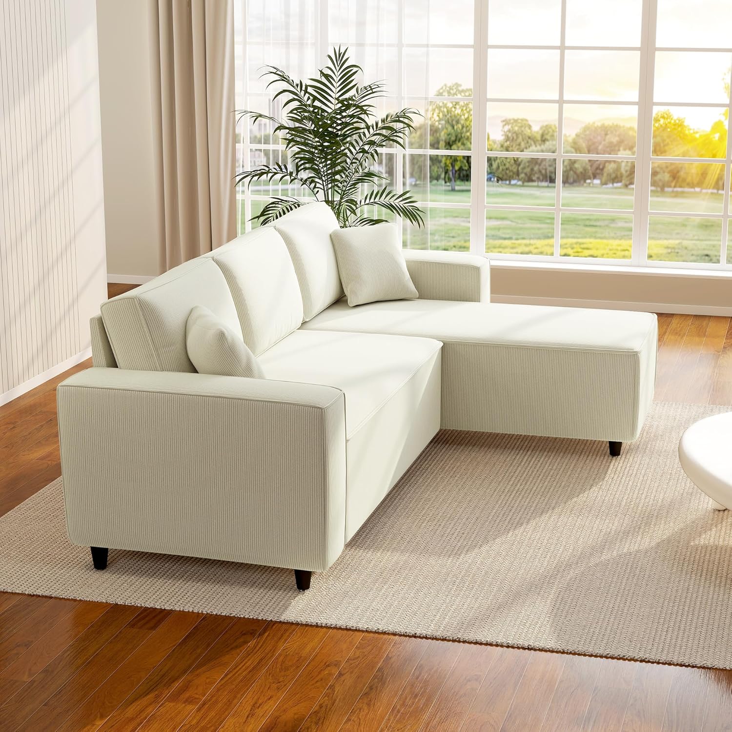 HOMCOM 95' Sectional Sofa with Reversible Chaise Lounge, L-Shaped Corner Sofa with Corduroy Fabric, Pocket Spring, 2 Pillows, Wide Arm, Thick Padded, 3 Seat Couch for Living Room, Cream White