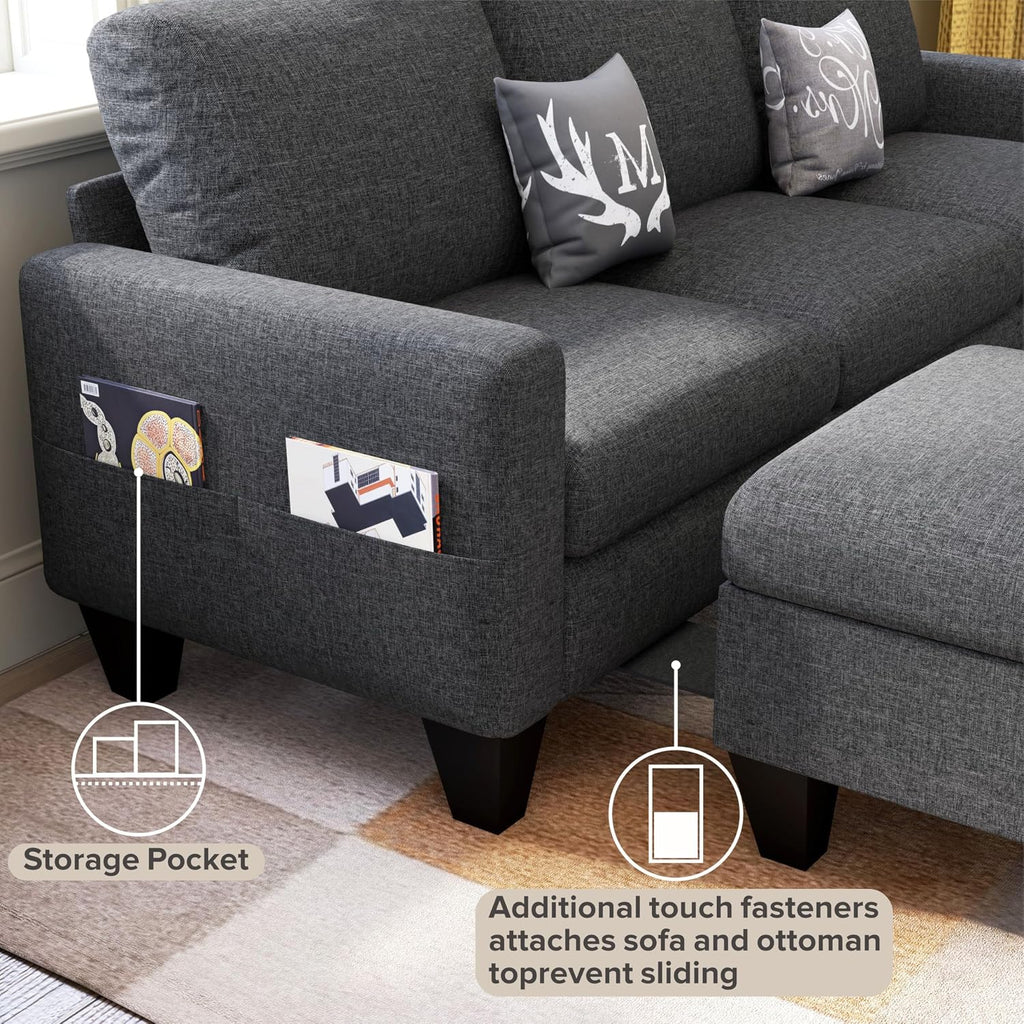 78' Sectional Sofa Couches for Living Room, Dark Grey Convertible L Shaped Couch with Storage Ottoman, Deep Seat Pet-Friendly Linen Fabric Sofa Set for Small Space, Apartment, Dorm