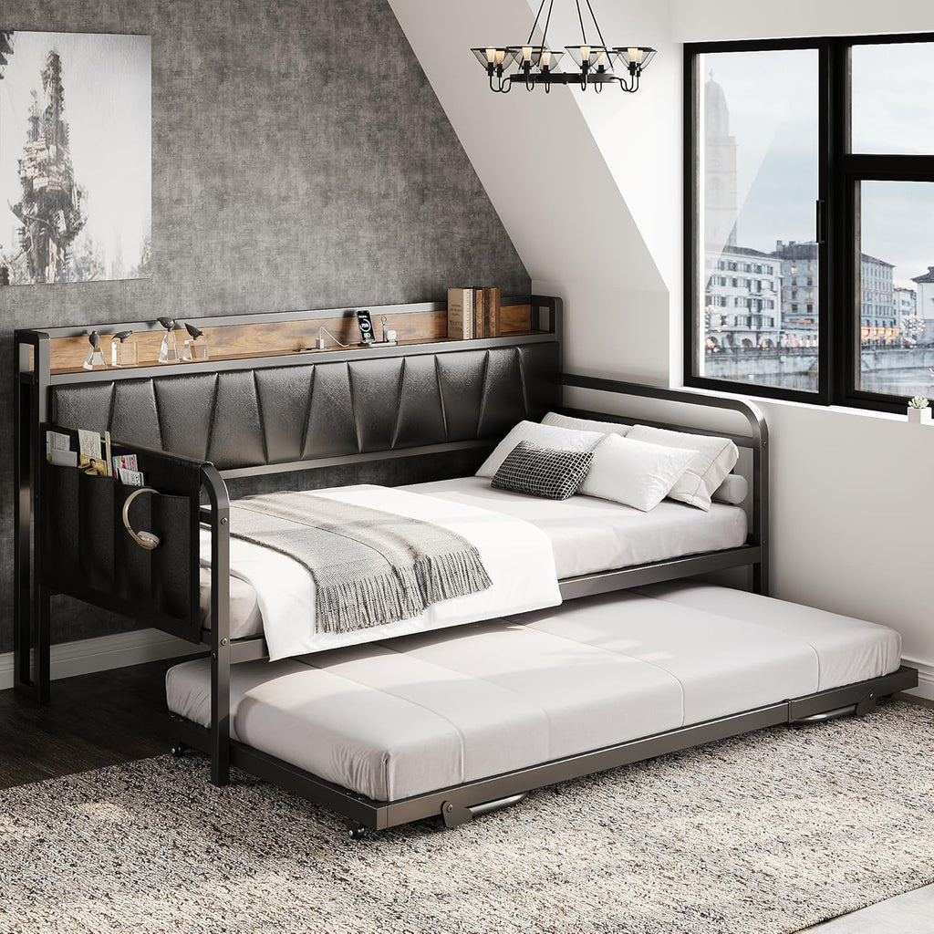 LIKIMIO Twin Daybed, Day Bed with Trundle, Storage Upholstered Headboard and Charging Station, Trundle Bed with Strong Supports for Living Room, Bedroom, and Guest Room, Black