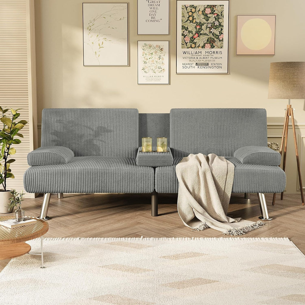 Homall Futon Sofa Bed, Futon Couch with Removable Armrests, Adjustable Recliner Sleeper Sofa Bed with Dual Cup Holders for Living Room, Apartment, Office (Corduroy, Grey)