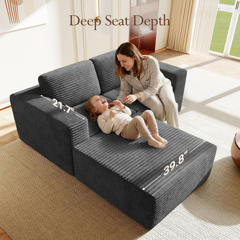 Vesgantti 80' Modular Sectional Sofa, Corduroy Cloud Couch with Deep Seats & Spring Support, Compact 2 Seater Boneless Couch, L-Shaped Modular Sofa for Small Spaces, Apartments, No Assembly, Grey