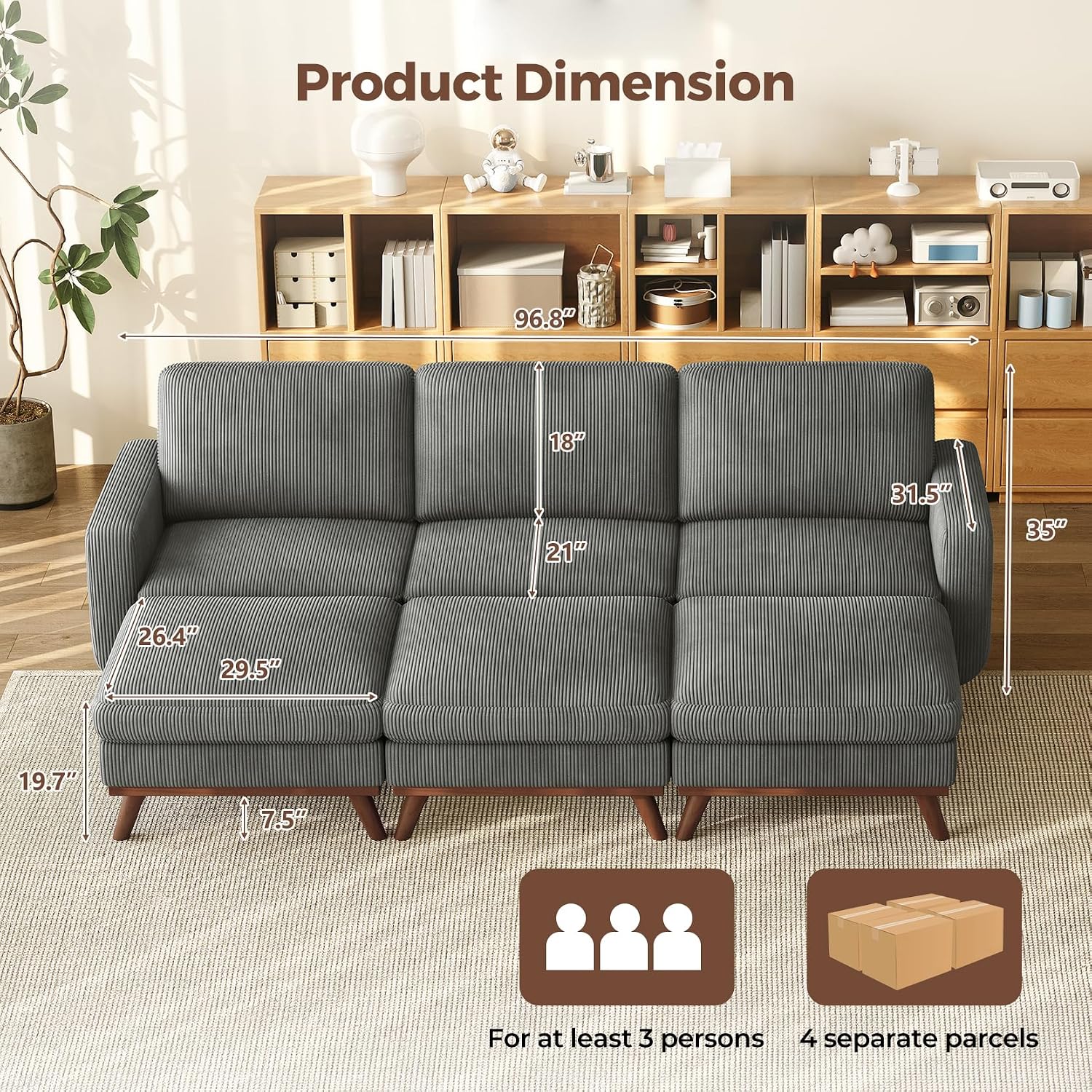 Vesgantti 97' Modular Sectional Sofa Drak Gray, Sectional Couch with Movable Ottoman, Comfy Corduroy Couch with Spring Cushion, Modular Sofa with Deep Seat for Living Room, Bedroom and Apartment
