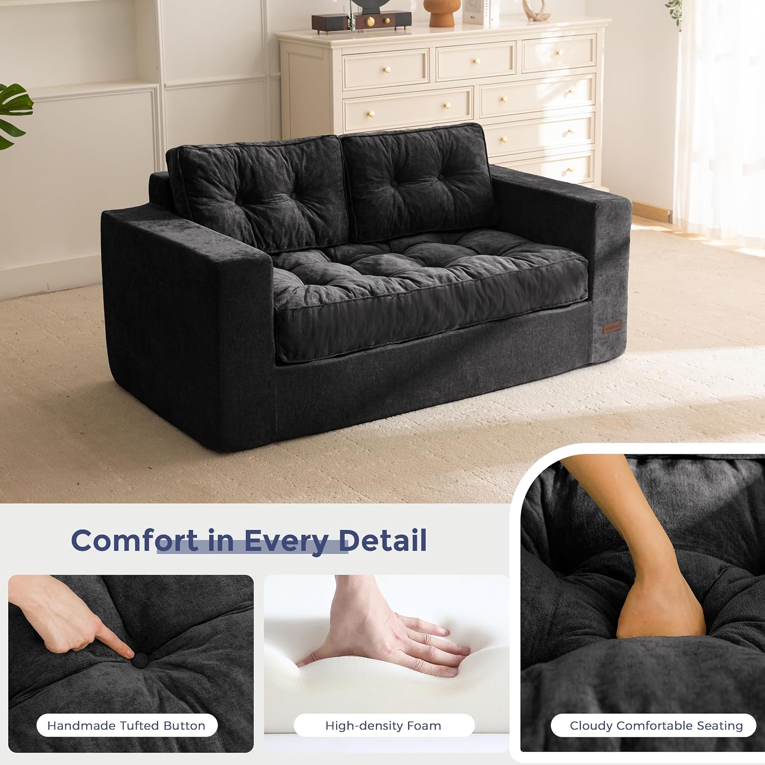 MAXYOYO Boneless Sofa Couch, Loveseat Sofa for Small Space, Tufted 2-Seater Floor Couch Bean Bag Chair for Living Room Bedroom Apartment, Sofa in a Box, No Assembly Needed, Black