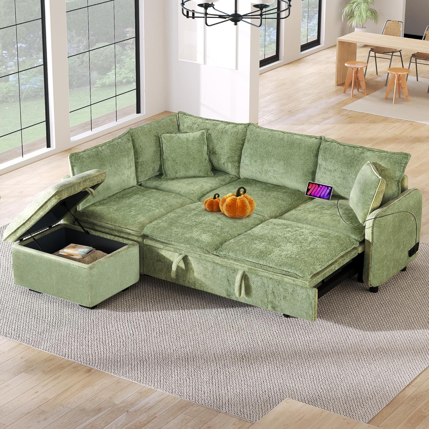 LUMISOL 82.7' Convertible Sleeper Sofa Bed with Storage Ottoman, L-Shaped Sectional Sofa with Pull Out Bed, USB Ports, Chenille Sleeper Sofa Couch with Chaise for Living Room, Green