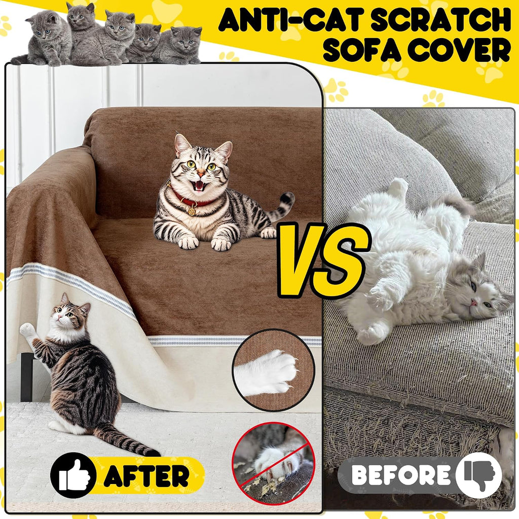Loiion Cat Scratch Furniture Protector - Anti-Slip, Waterproof Sofa Cover to Keep Cats Off, Pet-Friendly Couch Protectors for 3 Cushion Couch, Anti-Scratch Couch Cover for Pets and Kids 134'X91'Brown