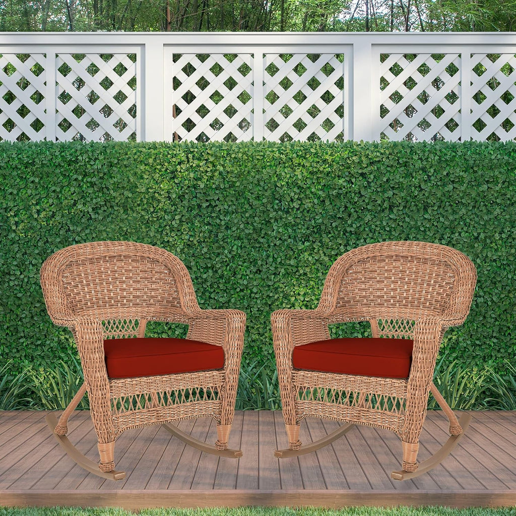 Jeco Rocker Wicker Chair with Red Cushion, Set of 2, Honey