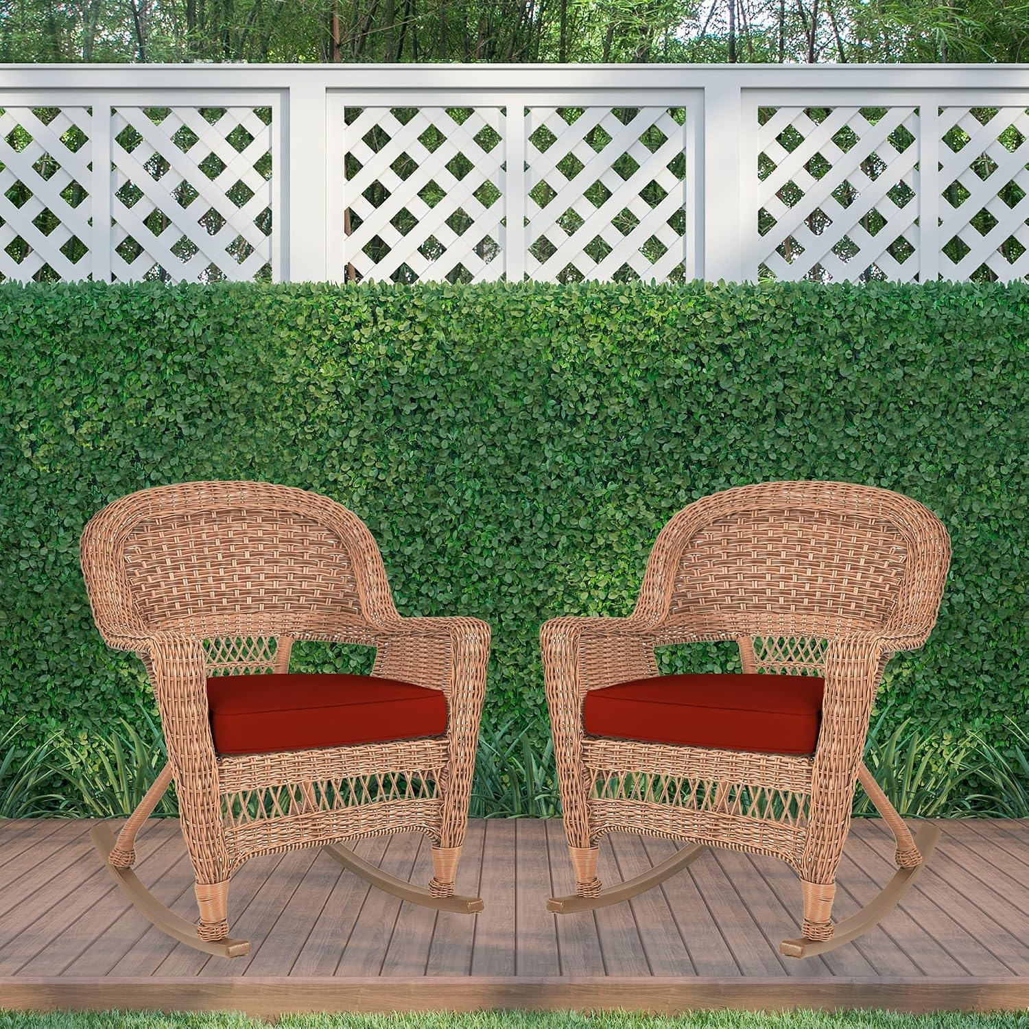 Jeco Rocker Wicker Chair with Red Cushion, Set of 2, Honey