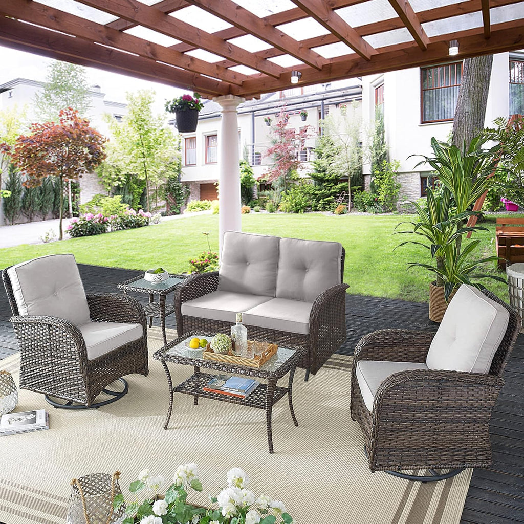 Belord 5 Piece Wicker Patio Furniture Set - Outdoor Conversation Sets with Deep Seating Swivel Rocker Chairs Loveseat and Rattan Coffee Table for Deck Backyard, Brown Wicker/Beige Cushion