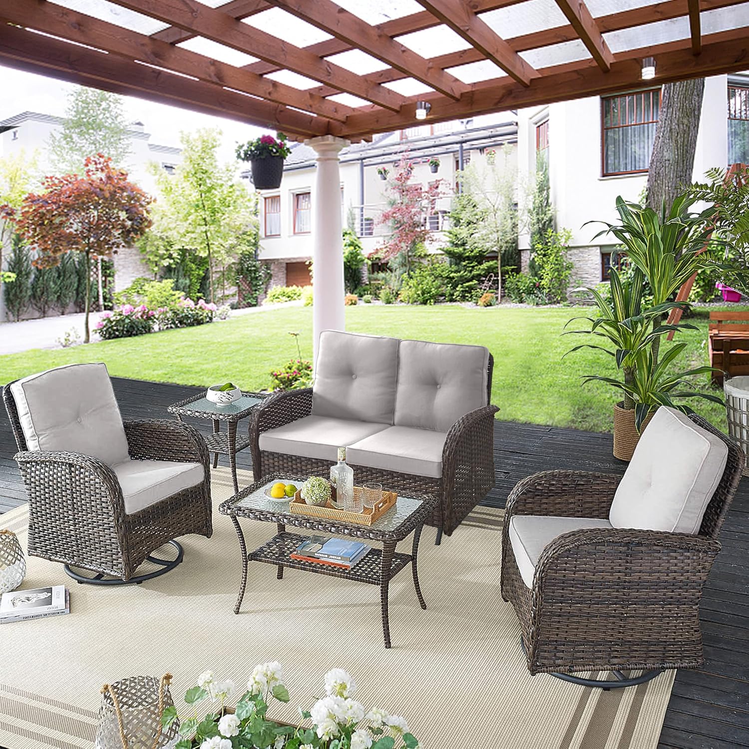 Belord 5 Piece Wicker Patio Furniture Set - Outdoor Conversation Sets with Deep Seating Swivel Rocker Chairs Loveseat and Rattan Coffee Table for Deck Backyard, Brown Wicker/Beige Cushion