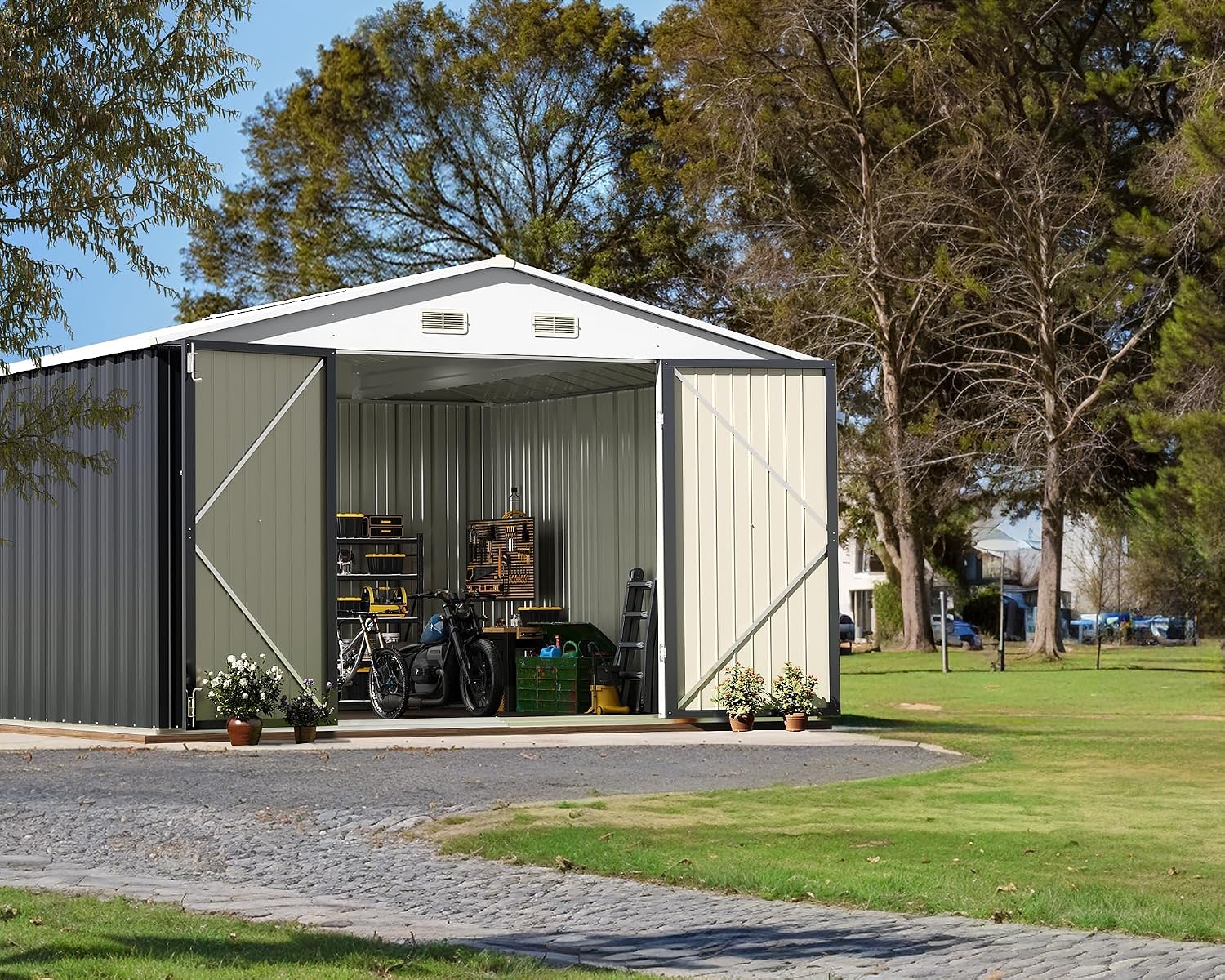 Greesum 10x10FT Outdoor Storage Shed, Utility Tool Shed Metal Storage Shed with Door & Lock for Patio Storage, Garden, Lawn, Gray
