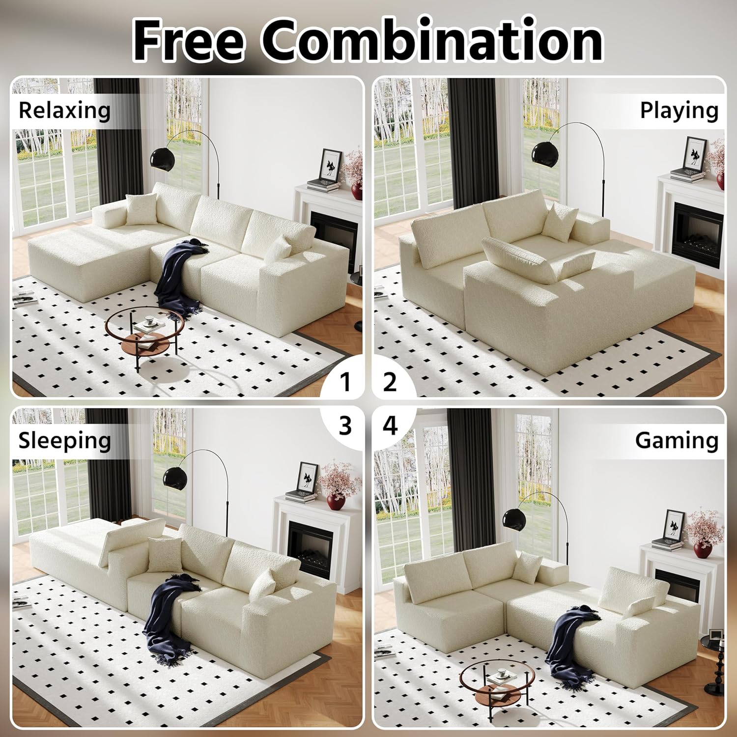 108' Cloud Modular Sectional Couch with L-Shape Chaise, Modern Sectional Sofa with Deep Seat Couch, Ultra Soft Knit Fabric Couches for Living Room, No Assembly Required, Left Facing Chaise (Beige)