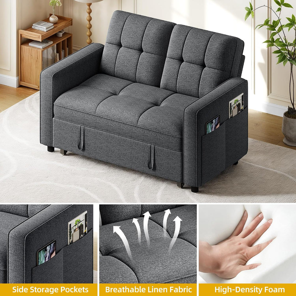 YITAHOME 55' Convertible Sofa Bed, 3-in-1 Pullout Sofa, Linen Sleeper Sofa with Reclining Backrest and Side Pocket, Modern Futon Couch for Living Room Bedroom Apartment, Grey