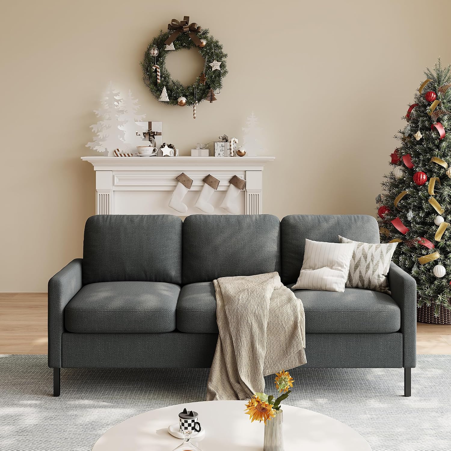STHOUYN 72' W 3 Seater Couch with 2 USB, Comfy Grey Couch with 2 Pockets, Living Room Sofas with Reinforced Steel Frame, Cheap Sofas for Small Spaces, Dorm, Bedroom