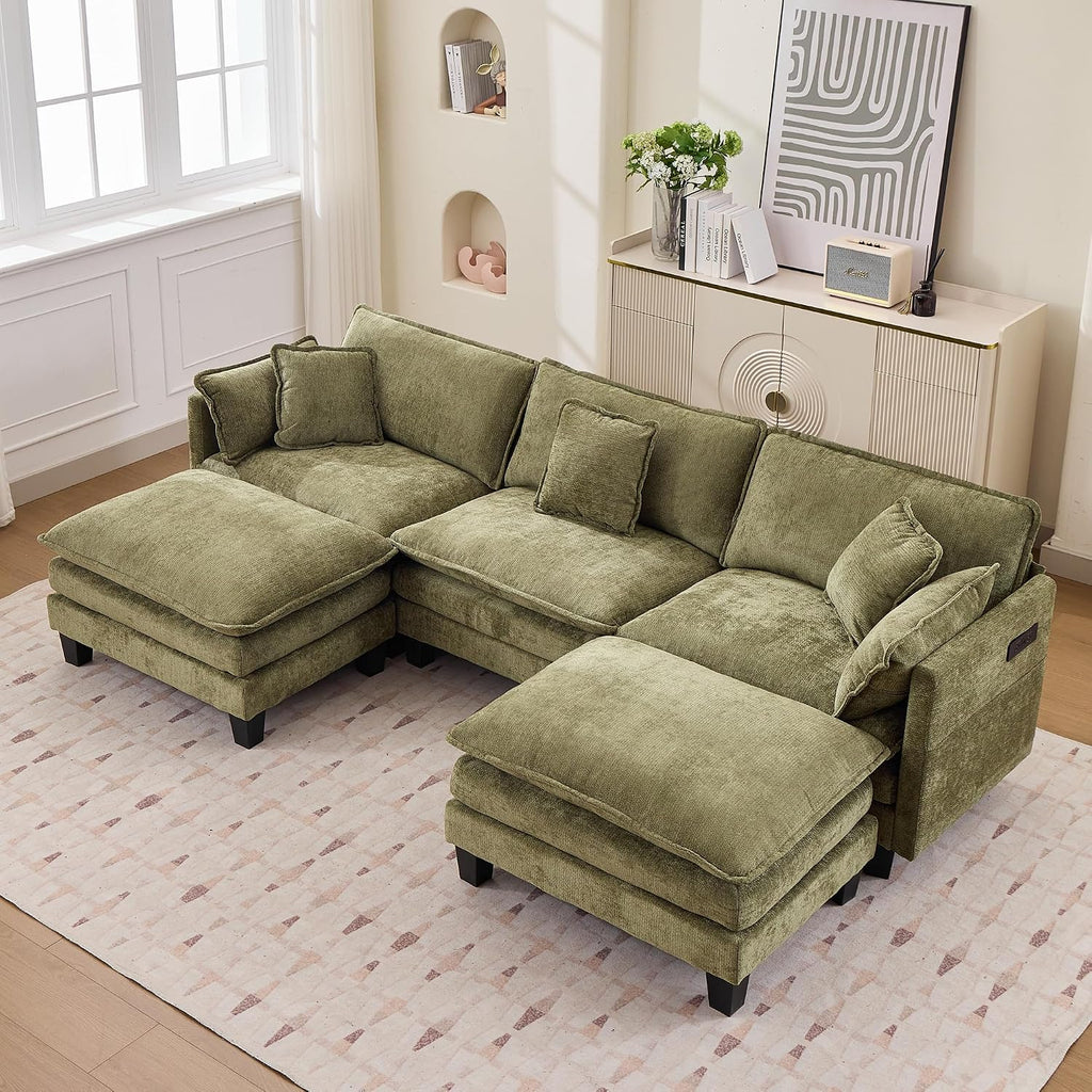 Opiesit Modular Sectional Sofa with Movable Ottoman, 110' 5-Seat Modern Couches for Living Room, Comfy U Shaped Couch Set with Deep Seat for Office and Apartment, Green Chenille Fabric