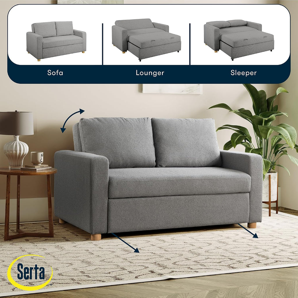 Serta Tulsa 66.1' Convertible Sleeper Loveseat, Full Size, Dreamcoil Comfort, FingerGuard Pinch Point Protection, Boucle Fabric, Grey