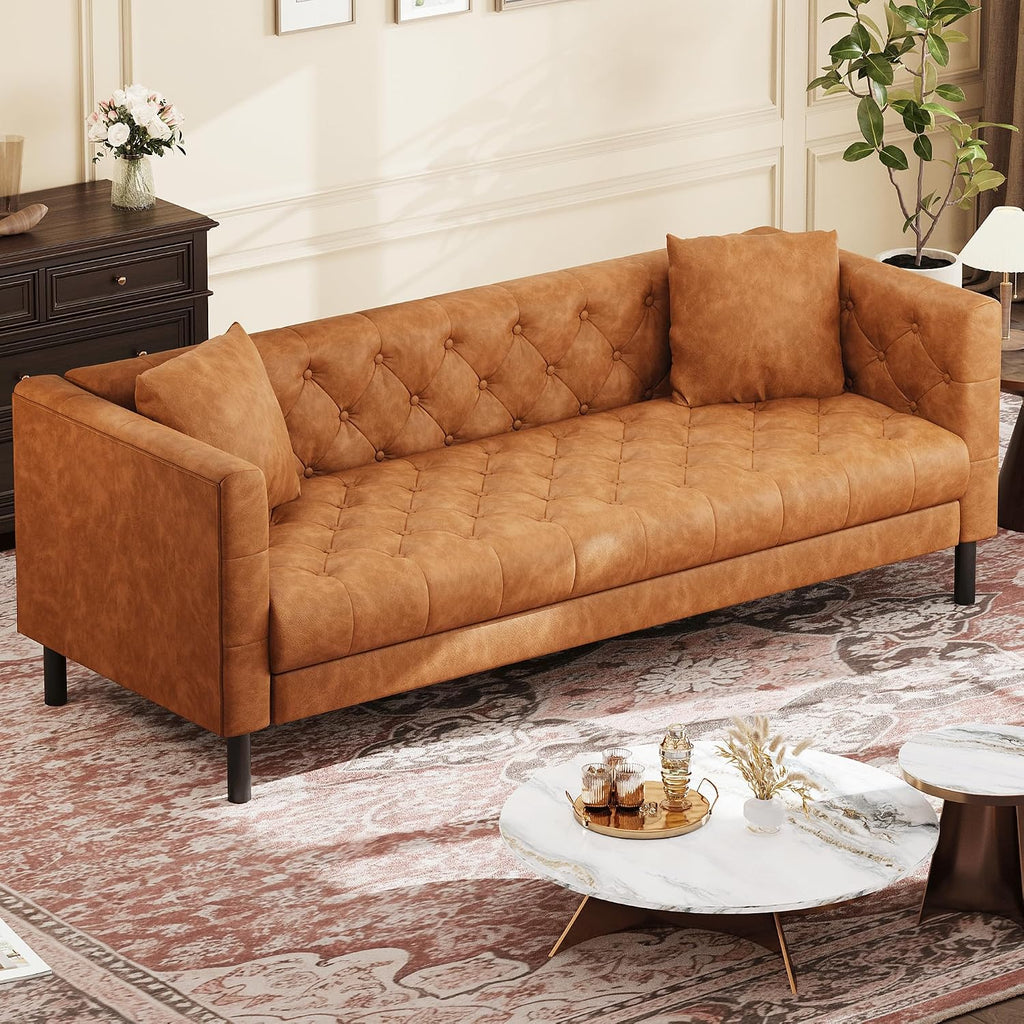 Garvee 81 Inch Leather Couch for Living Room, Modern Leather Sofa with Deep Seat, Handmade Button Tufted Sofa, Chesterfield 3 Seat Couch for Apartment, Office, Cognac Tan