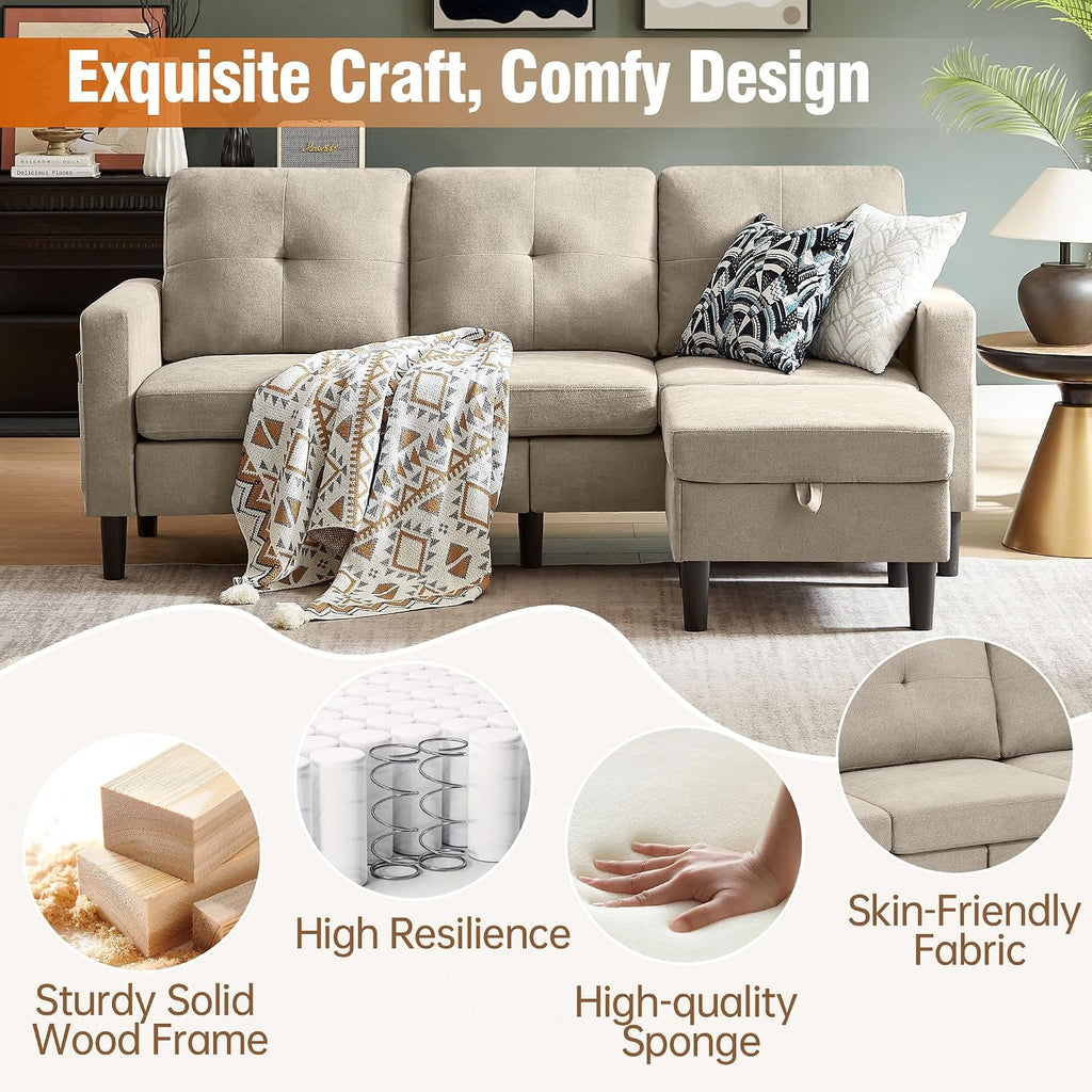 80' Convertible Sectional Sofa Couch with Movable Ottoman, 3 Seats Sectional Sofas L Shaped Couch for Small Spaces, Soft Fabric Couch for Living Room (Beige)