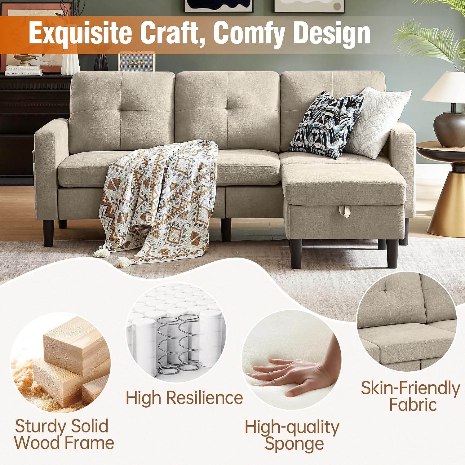 80' Convertible Sectional Sofa Couch with Movable Ottoman, 3 Seats Sectional Sofas L Shaped Couch for Small Spaces, Soft Fabric Couch for Living Room (Beige)