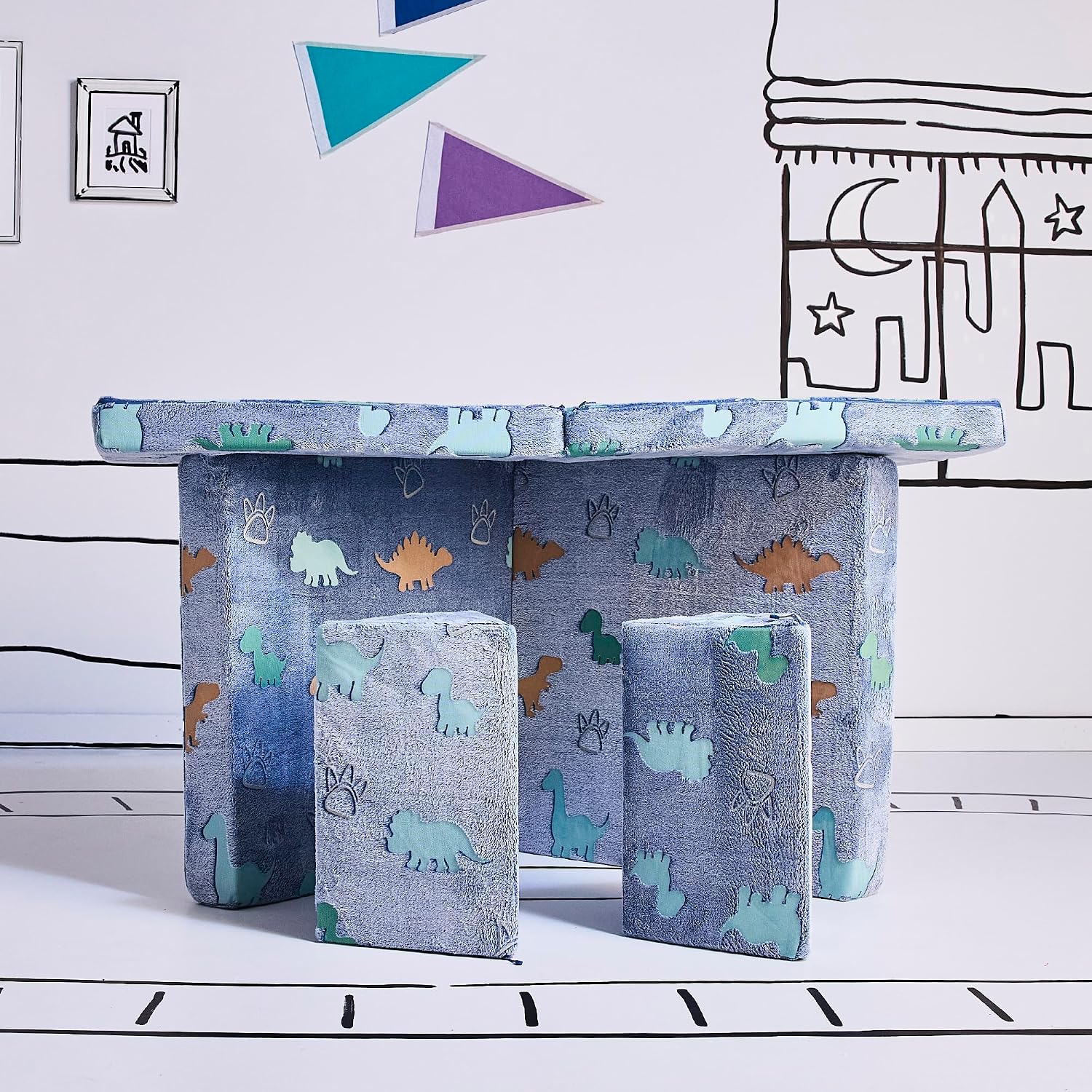 YOURIGAMI Kids and Toddler Play Couch, Convertible Folding Sofa, Durable Foam Modular Design, Glow in The Dark Dinosaur