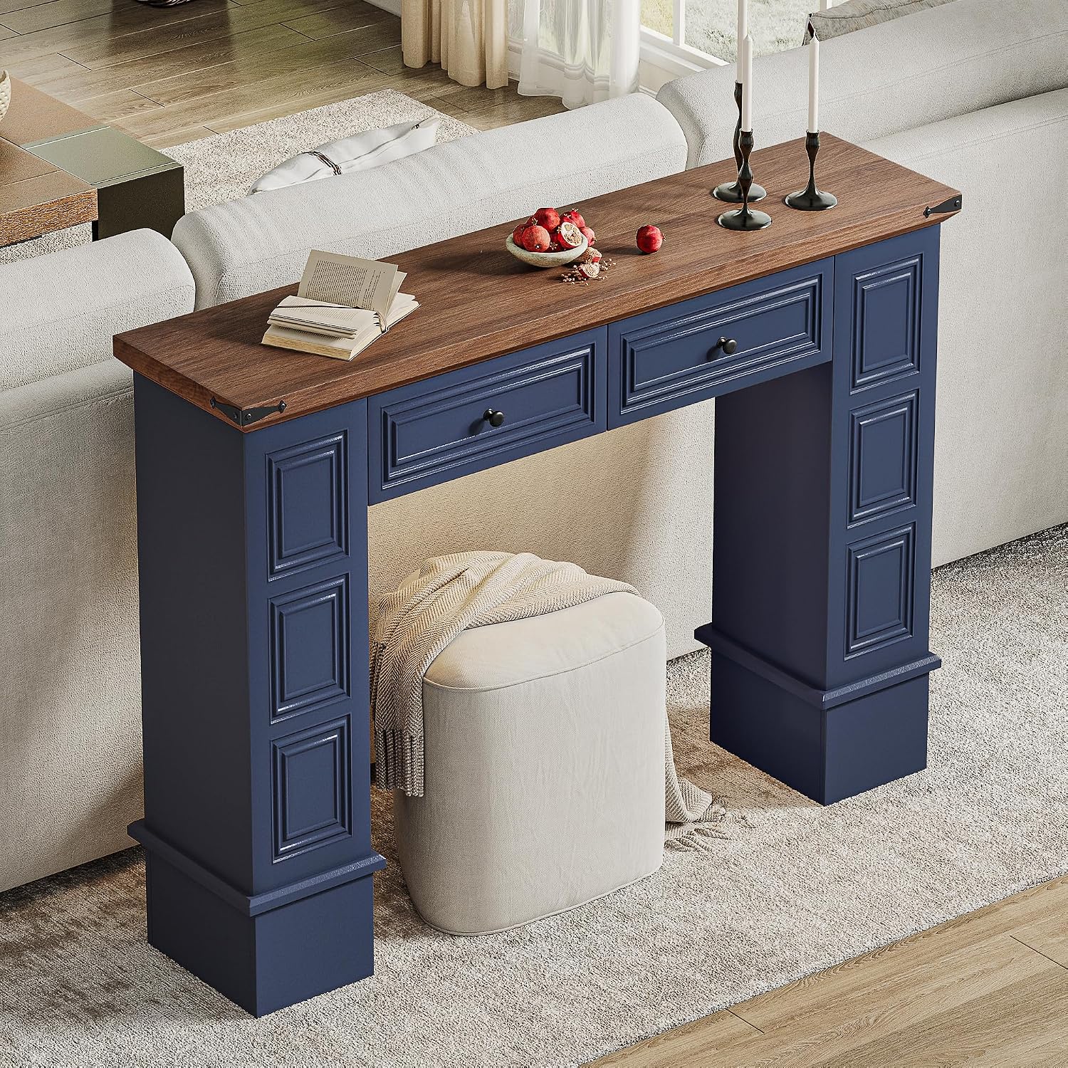 YITAHOME Farmhouse Console Table for Entryway with Storage, Narrow Long Sofa Table Furniture with Non-tip Kit, Behind Couch Table for Hallway, Living Room & Bedroom, Navy Blue & Walnut