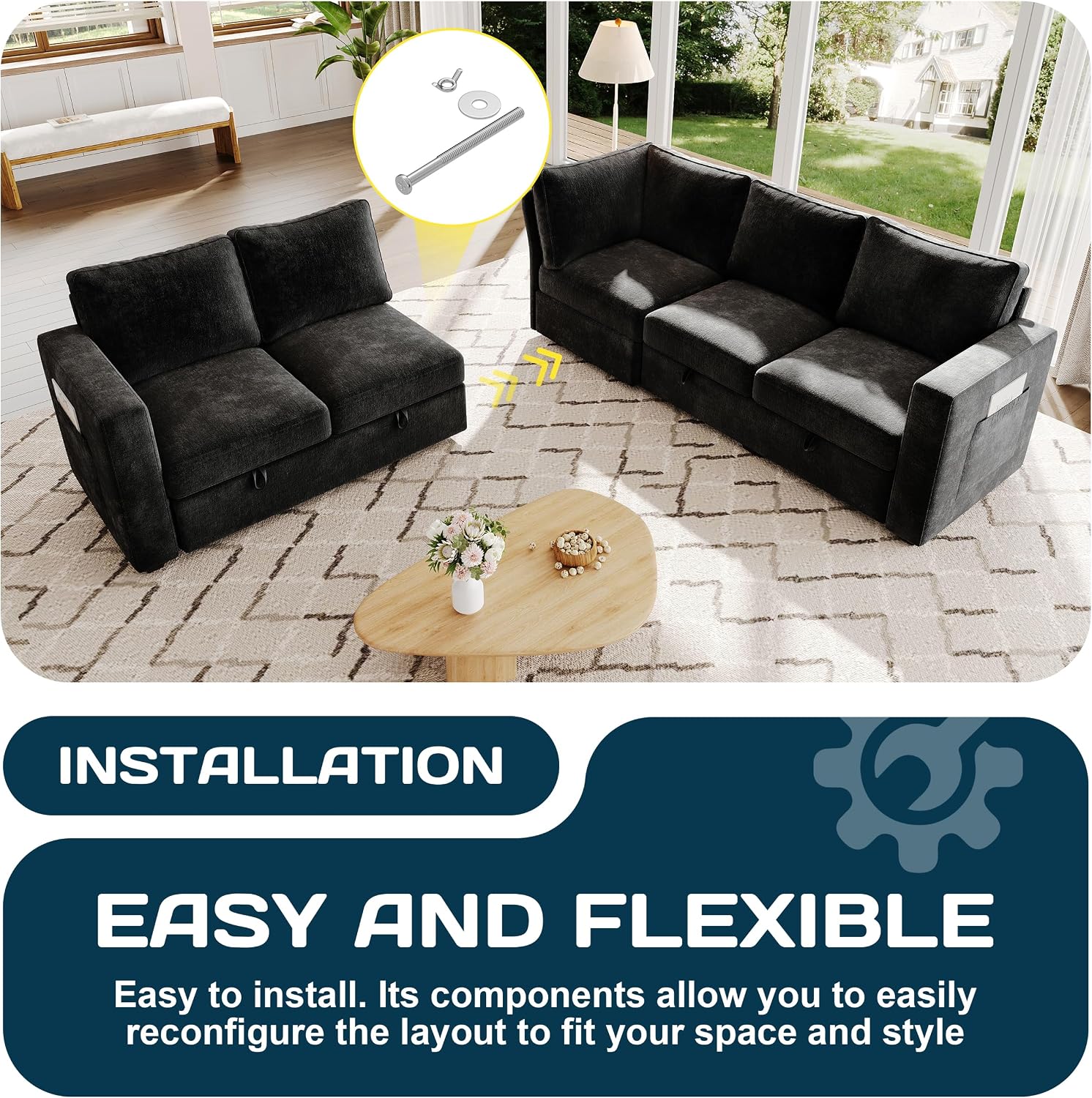 83.5' Sectional Sleeper Sofa with Pull Out Couch, Modern 5 Seat L Shaped Modular Couch, Sectionals Modular Sofa with Storage, Comfy Sectional Couches for Living Room & Apartment, Black
