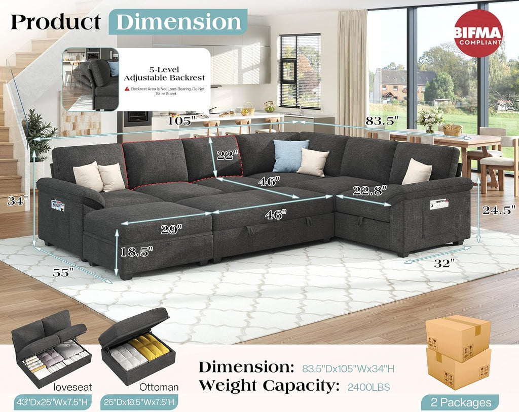 Jocisland 105' Sofa Bed, Sectional Sleeper Sofa with Pull Out Bed/Reclining Backrest, Sleeper Couch Bed with Storage, 6 Seater Couch Bed for Living Room, Chenille Dark Gray