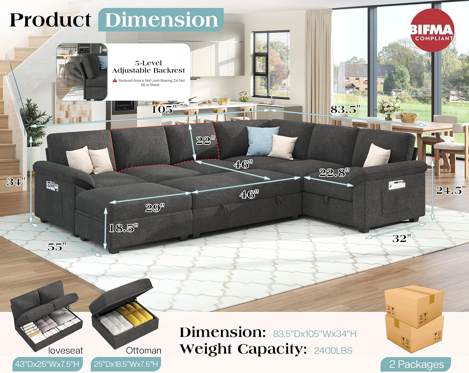 Jocisland 105' Sofa Bed, Sectional Sleeper Sofa with Pull Out Bed/Reclining Backrest, Sleeper Couch Bed with Storage, 6 Seater Couch Bed for Living Room, Chenille Dark Gray