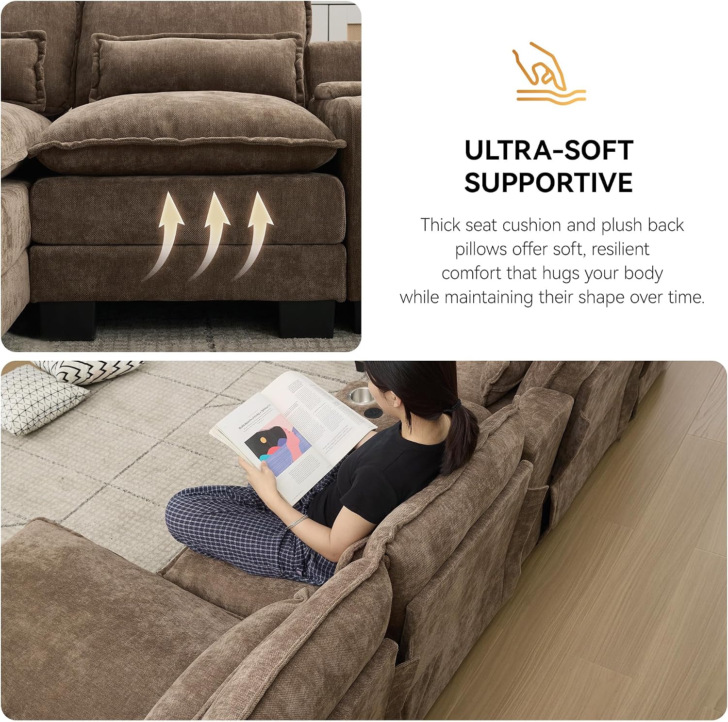 125'' U Shaped Cloud Modular Sofa with Chaise Lounges, Chenille Upholstered Comfy Sectional Couch with Storage Console, USB Charging Ports & Cup Holders, Small Deep Seat Sofa for Living Room, Brown