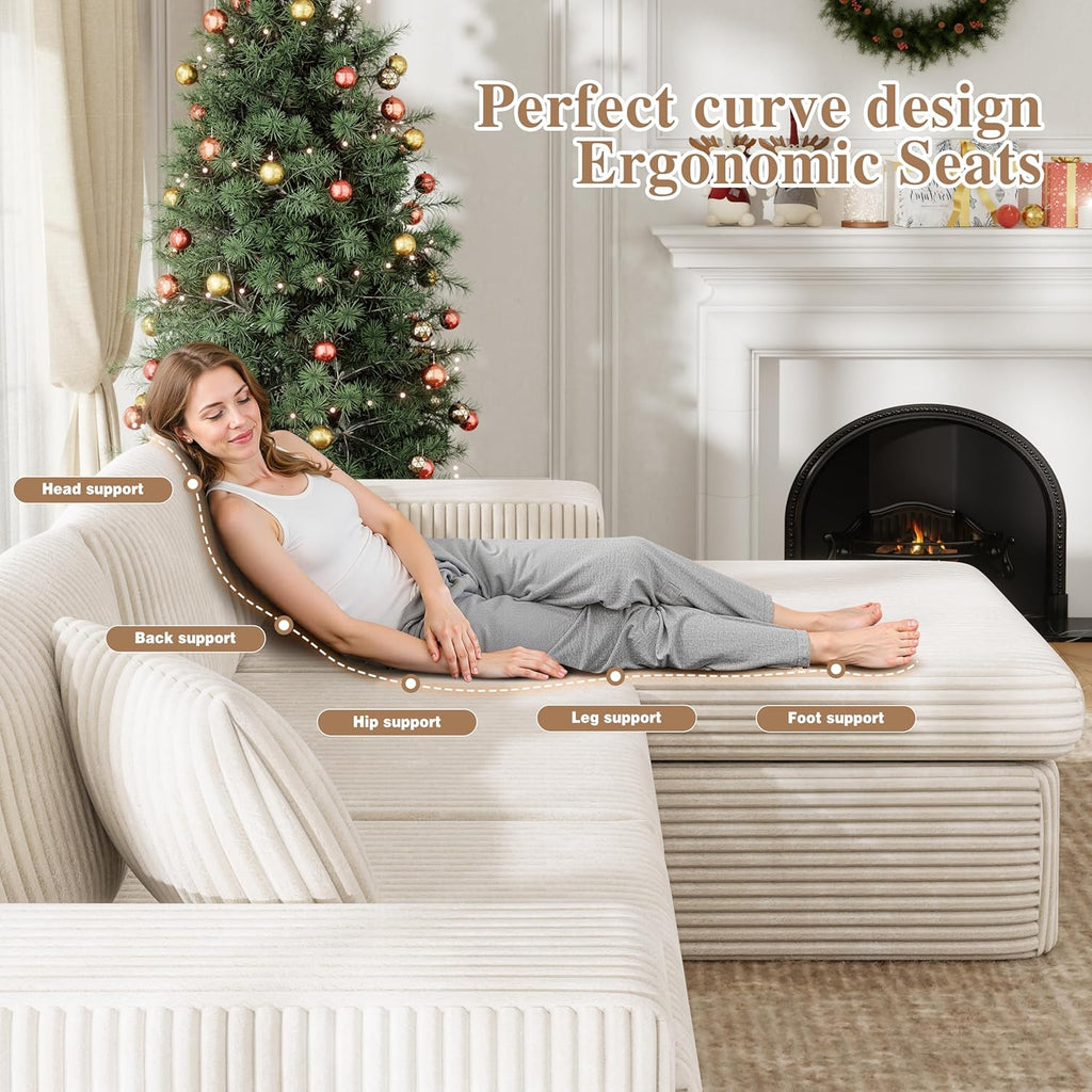 JAMFLY 105' Boneless Couches for Living Room Modular Sectional Sofa L-Shape Couch with Oversized Chaise, Cloud Couch Deep Seat Memory Foam Upholstered for Bedroom, Plush Corduroy Fabric, Cream Beige