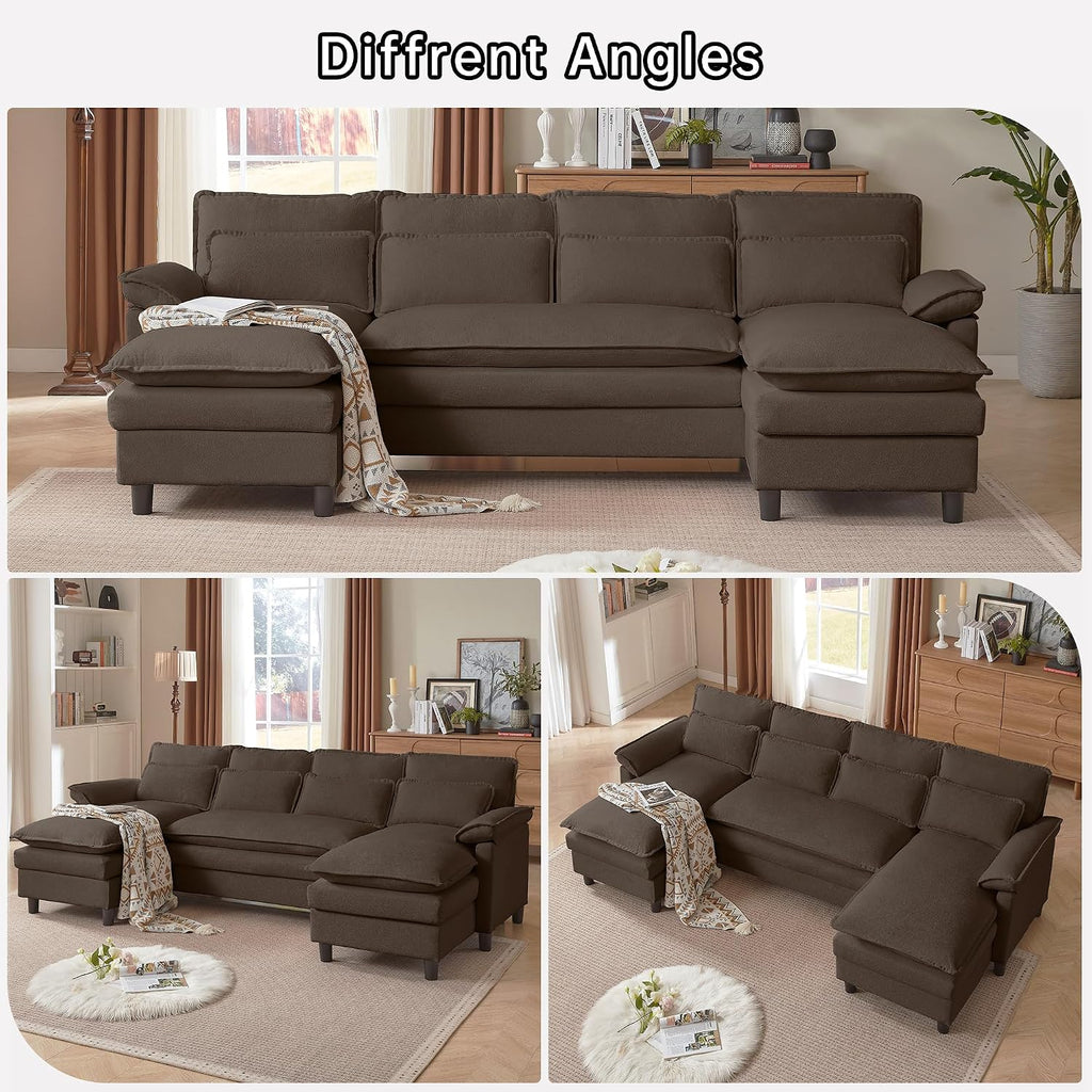 Comfy Cloud Couch Sectional Sofa with Lumbar Pillows, Modern U-Shaped Cloud Sofa with Double Chaise & Deep Seat 4 Seat Sectional Couch for Living Room, or Office, Easy Assembly, Dark Coffee