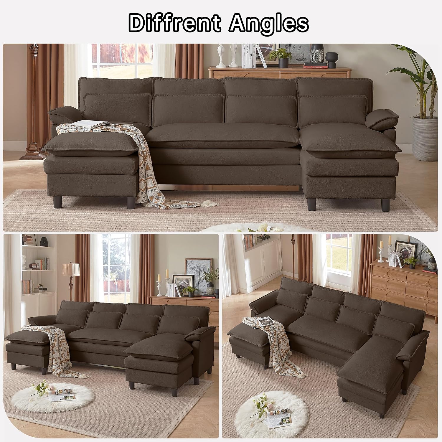 Comfy Cloud Couch Sectional Sofa with Lumbar Pillows, Modern U-Shaped Cloud Sofa with Double Chaise & Deep Seat 4 Seat Sectional Couch for Living Room, or Office, Easy Assembly, Dark Coffee